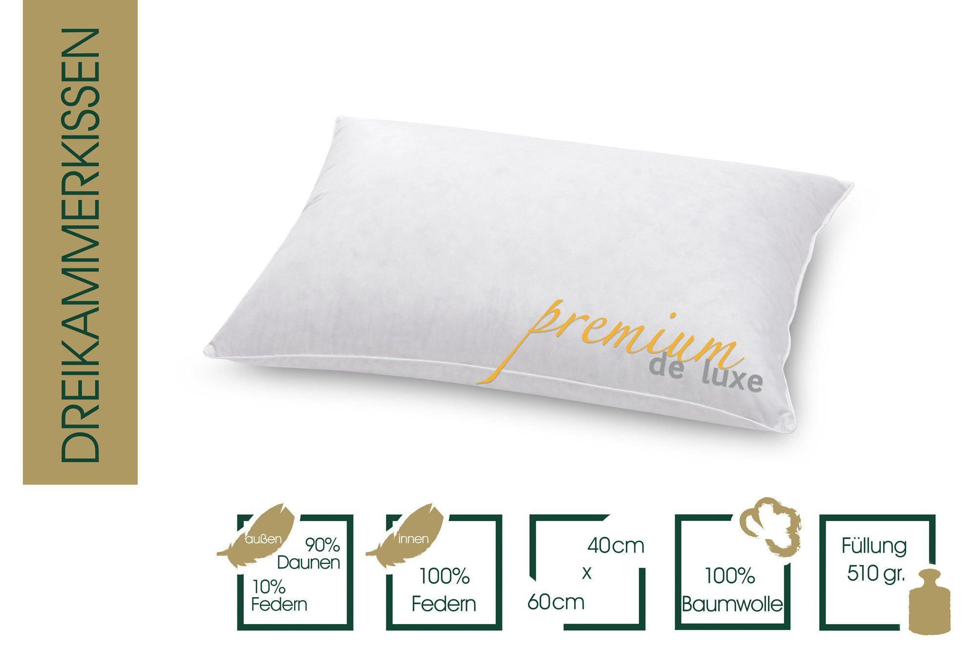 Daunenkissen Premium de Luxe, HANSKRUCHEN, Füllung: 90% Daunen, 10% Federn, Bezug: 100% Baumwolle, 40x60 cm, hergestellt in Deutschland, allergikerfreundlich