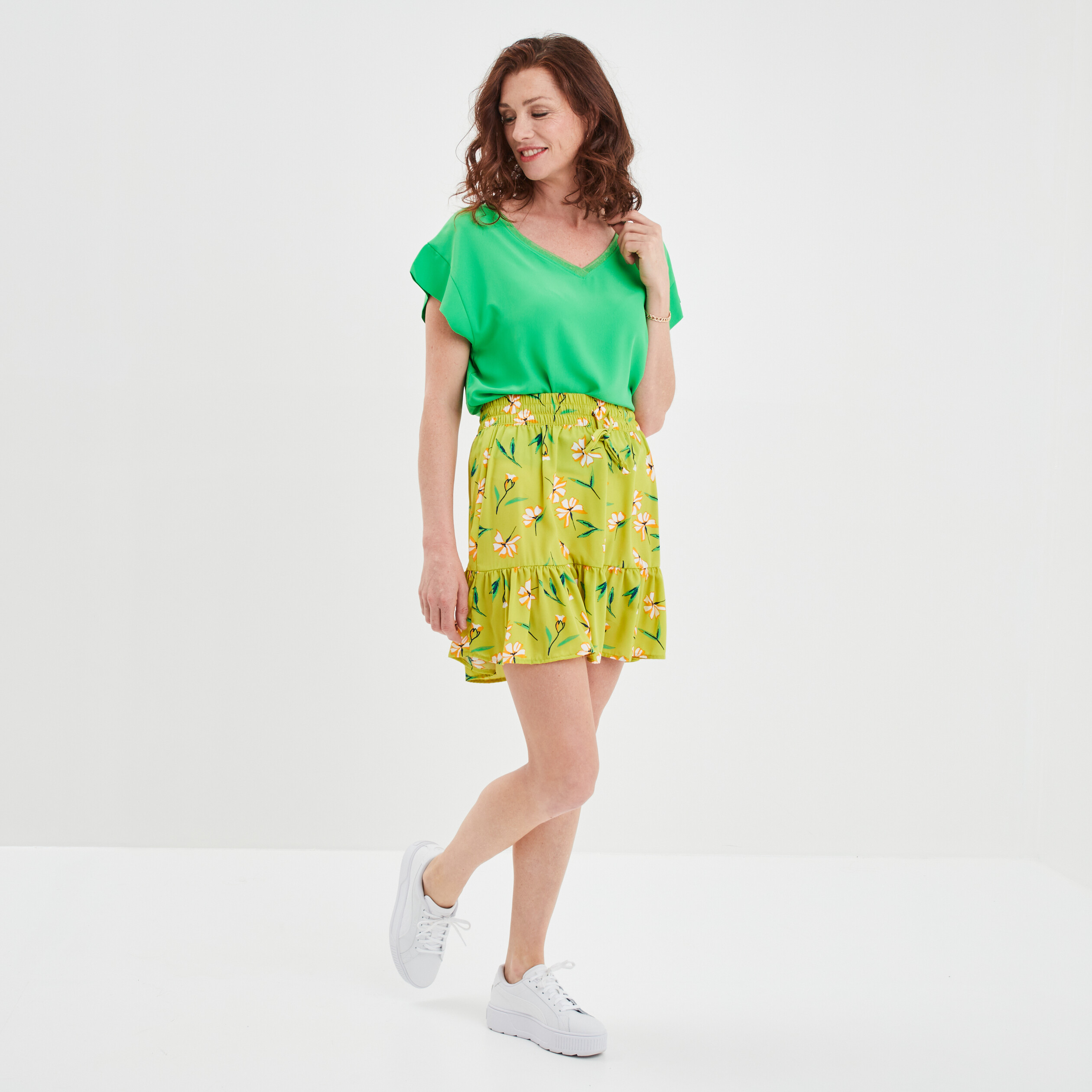 Jupe courte fluide taille smockée vert femme | La Halle