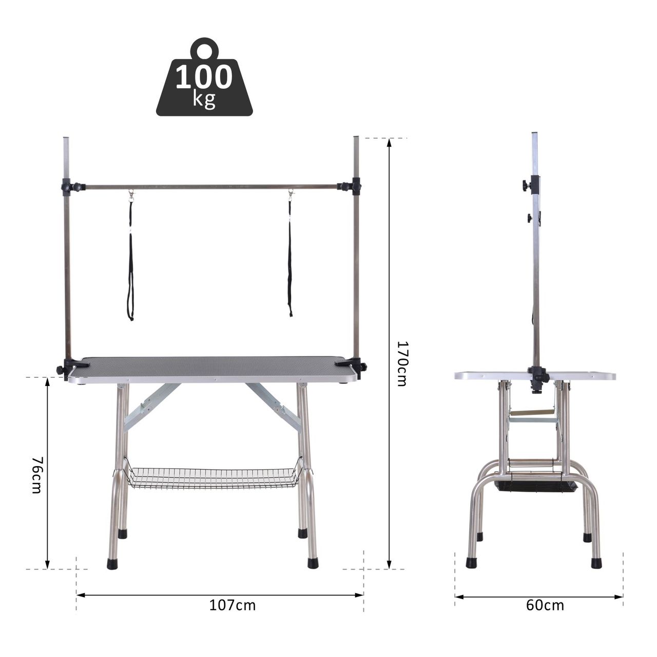 PawHut Trimmtisch Tierpflegetisch Schertisch Pflegetisch mit Unterkorb für Hunde höhenverstellbar klappbar Edelstahl Metall Schwarz 107 x 60 x 170 cm