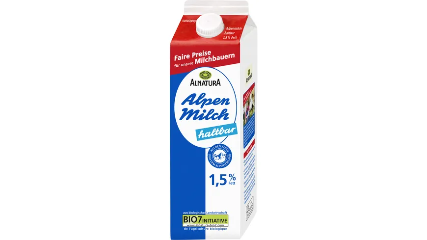 Alnatura Bio Haltbare fettarme Alpenmilch 1,5% Fett 1 l