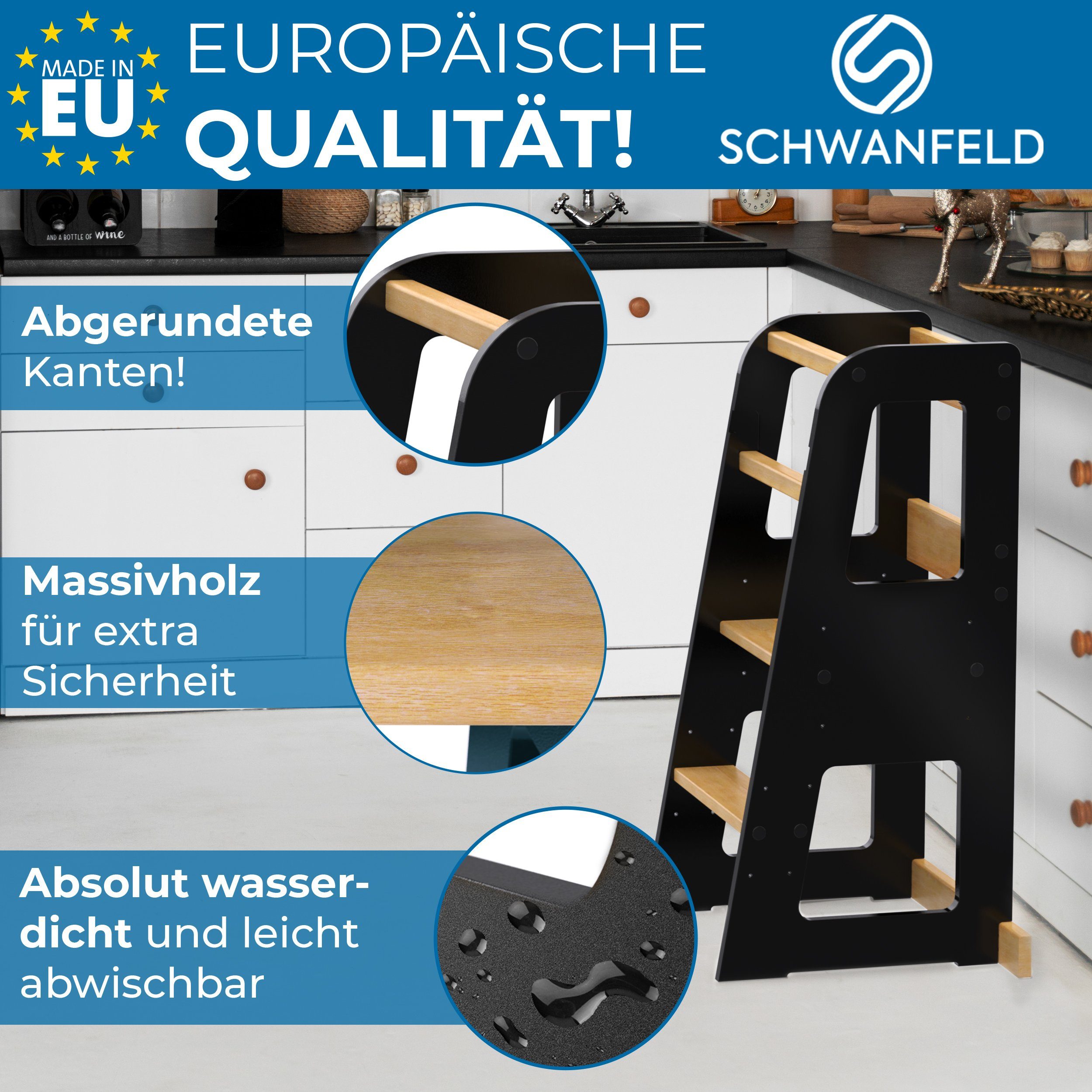 Schwanfeld Stehhilfe - Lernturm ab 1 Jahr [Anti Kipp Schutz] (inkl. Montagezubehör (Montessori Lernturm aus bruchsicherem FSC Massivholz), (bis zu 50kg belastbar), Learning Tower 3 Level (höhenverstellbar)