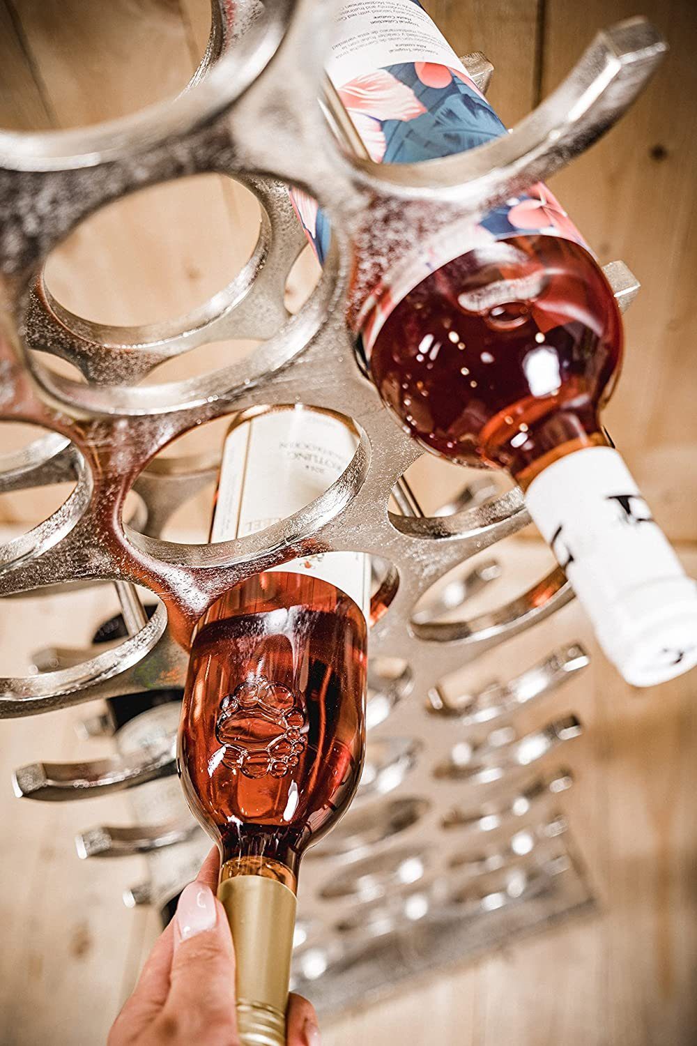 MichaelNoll Weinregal Weinregal Flaschenregal Flasche Aluminium Silber Luxus - Weinständer, Regal Modern aus Metall Raw - Flaschenhalter / Flaschenständer für Flaschen Sekt, Wein und Champagner - 101 cm XXL