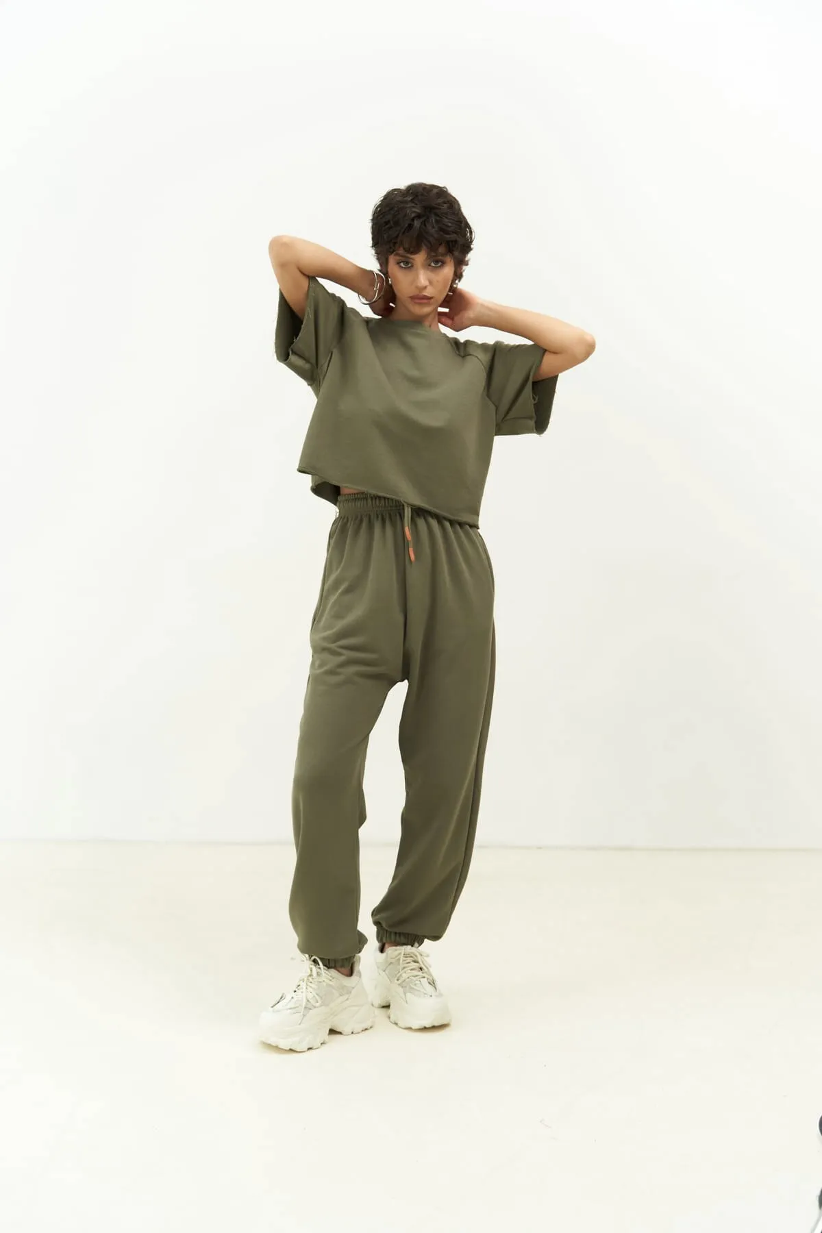 MAİ COLLECTİON  Vero Soft Khaki Crop-Trainingsanzug-Set