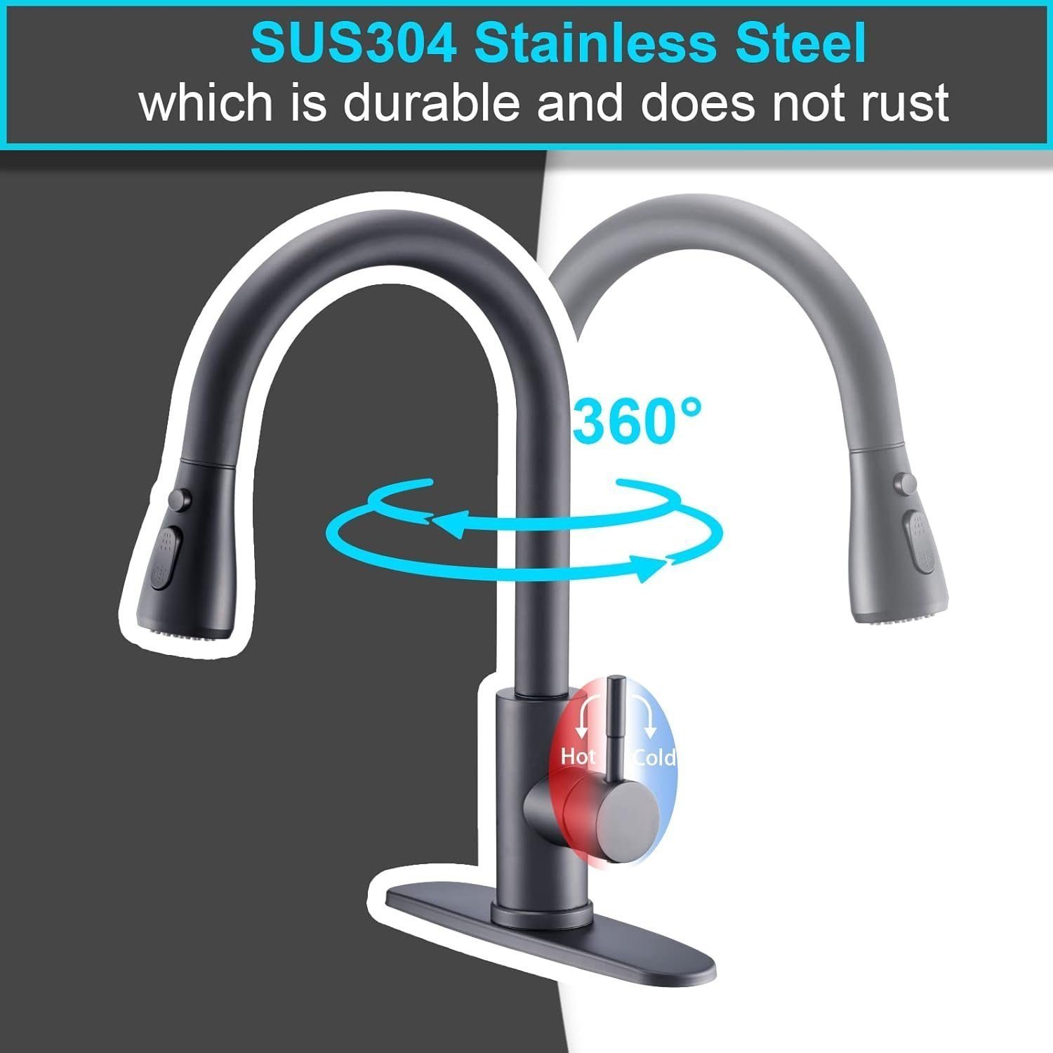Tisoutec Waschtischarmatur Wasserhahn Bad Schwarz,Waschtischarmatur Waschbecken-Küchenarmatur (schwarz,mit Handbrause,Küchenarmatur,ausziehbar,Küchenarmatur,2 Strahlarten,360 Grad drehbar,Wasserhahn aus Edelstahl 304,Armatur mit Herausziehbar Brause