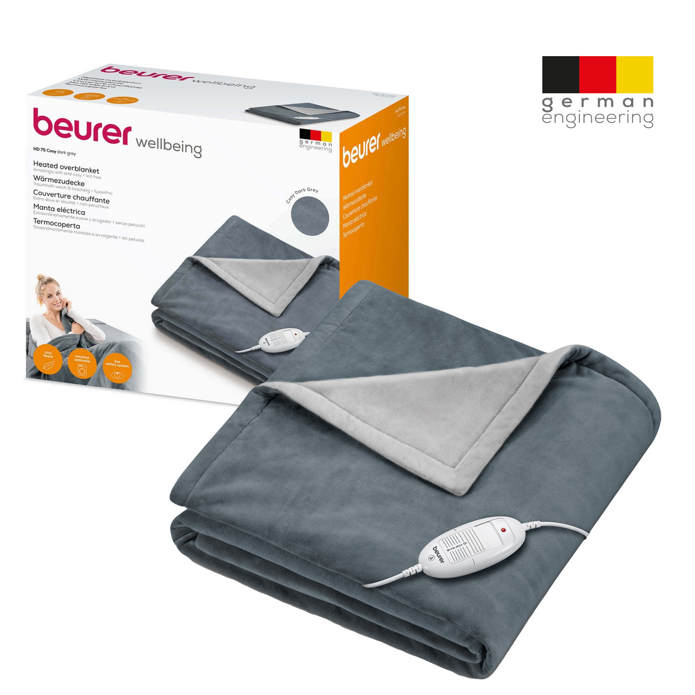 Beurer Wärmezudecke HD 75 Cosy Dark Grey-Atmungsaktive Heizdecke in trendigem Grau mit anschmiegsamer Flauschfaser