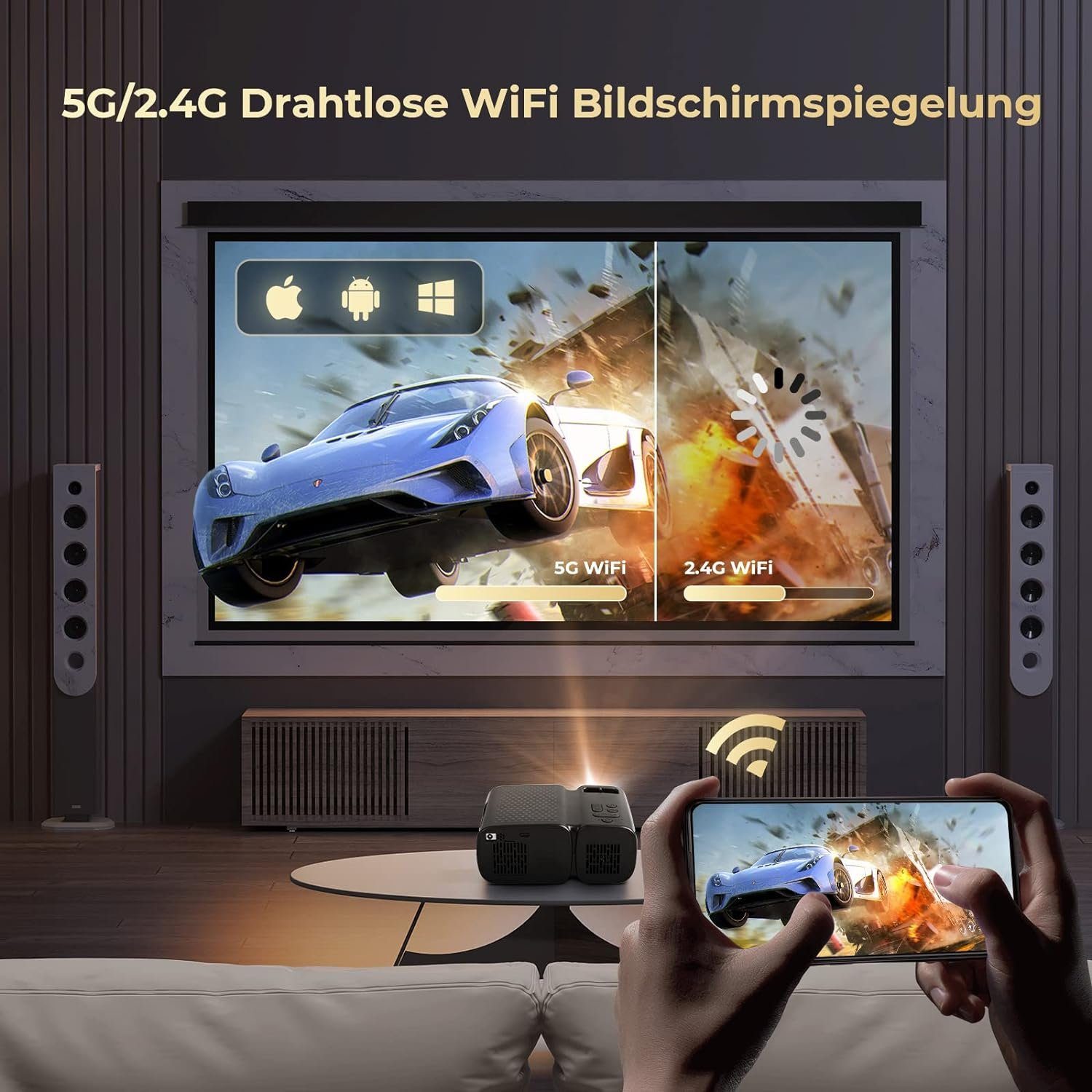 Vigpil Beamer (9000 lm, 8000:1, 1920 x 1080 px, LED Mini Beamer Bluetooth 250” Display, Klein Tragbarer Kurzdistanz)