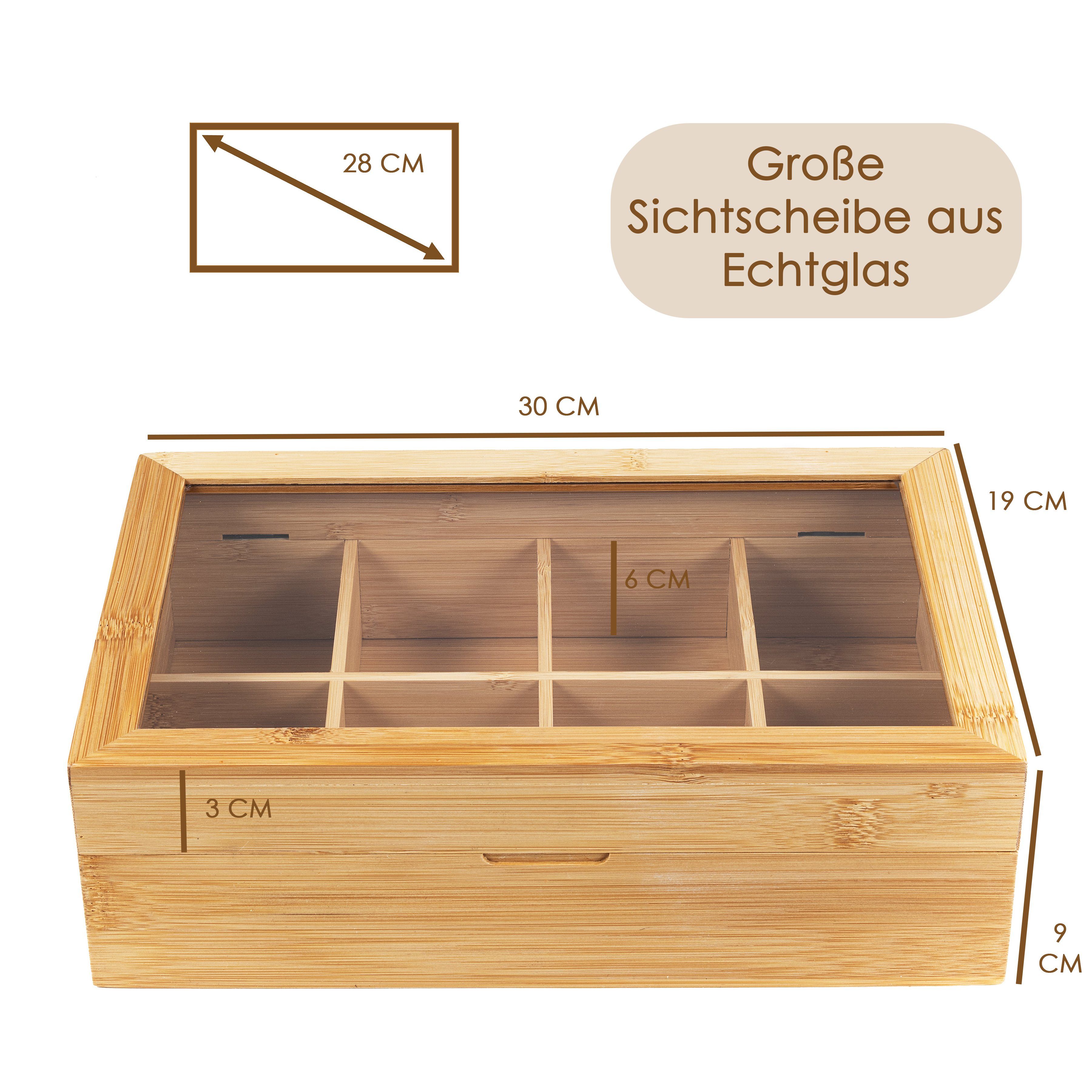 Hanseküche Teebox Premium Teebox – FSC®-zertifiziert, Bambus, (Teebox, 1-tlg., mit 8 Fächern), Deckel mit Sichtfenster, Platzsparendes Format für 136 Teebeutel