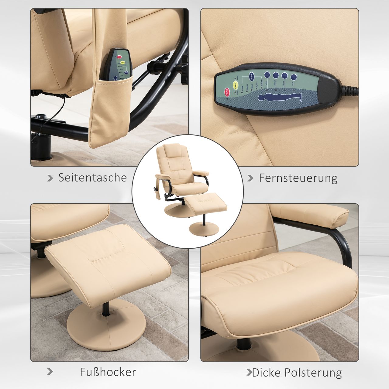HOMCOM Relaxsessel Massagesessel Fernsehsessel Kunstleder Cremeweiß