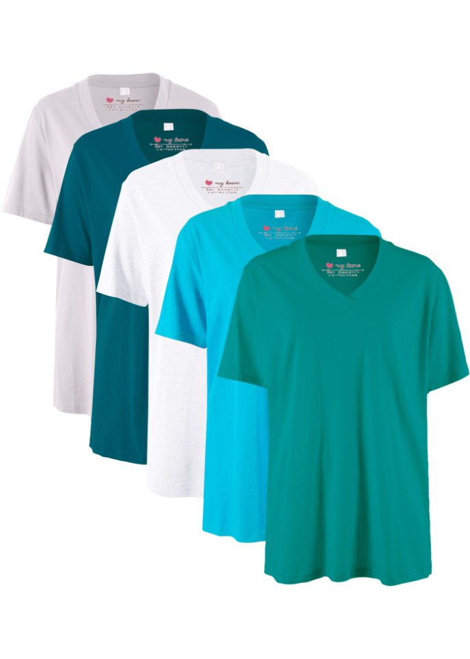 Weites Long-Shirt mit V-Ausschnitt, Kurzarm (5er Pack)