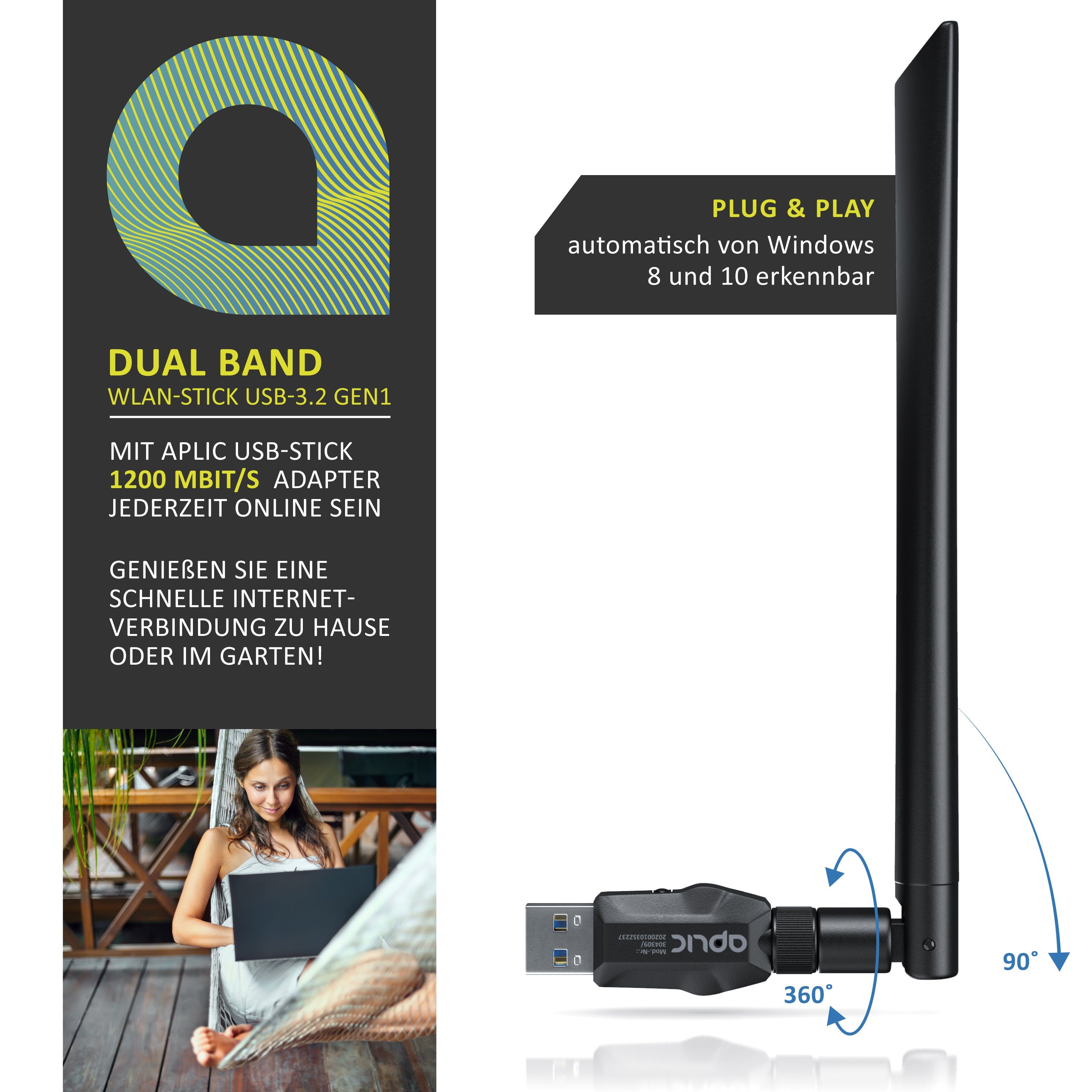 Aplic WLAN-Stick, WIFI Adapter 1200MBit/s, 2,4Ghz + 5Ghz Dual Band, externe Antenne