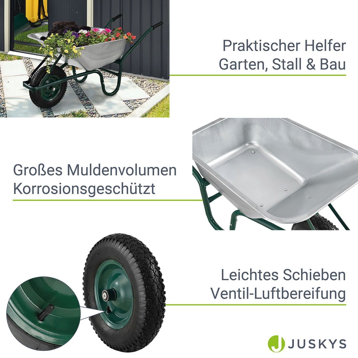Juskys Schubkarre Garden, 100L, bis 210 kg, Luftreifen, verzinkte Wanne, inkl. Handschuhe