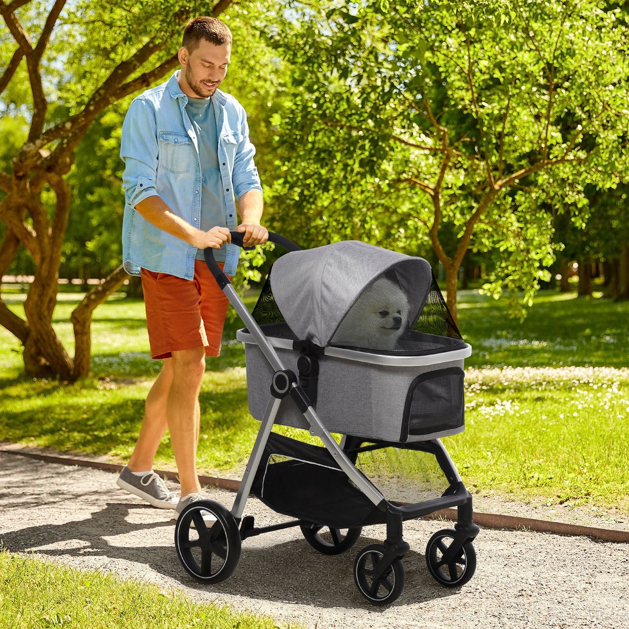 PawHut Hundewagen, 2 in 1 Hundetrolley, Tragetasche, faltbarer Hundebuggy, Grau