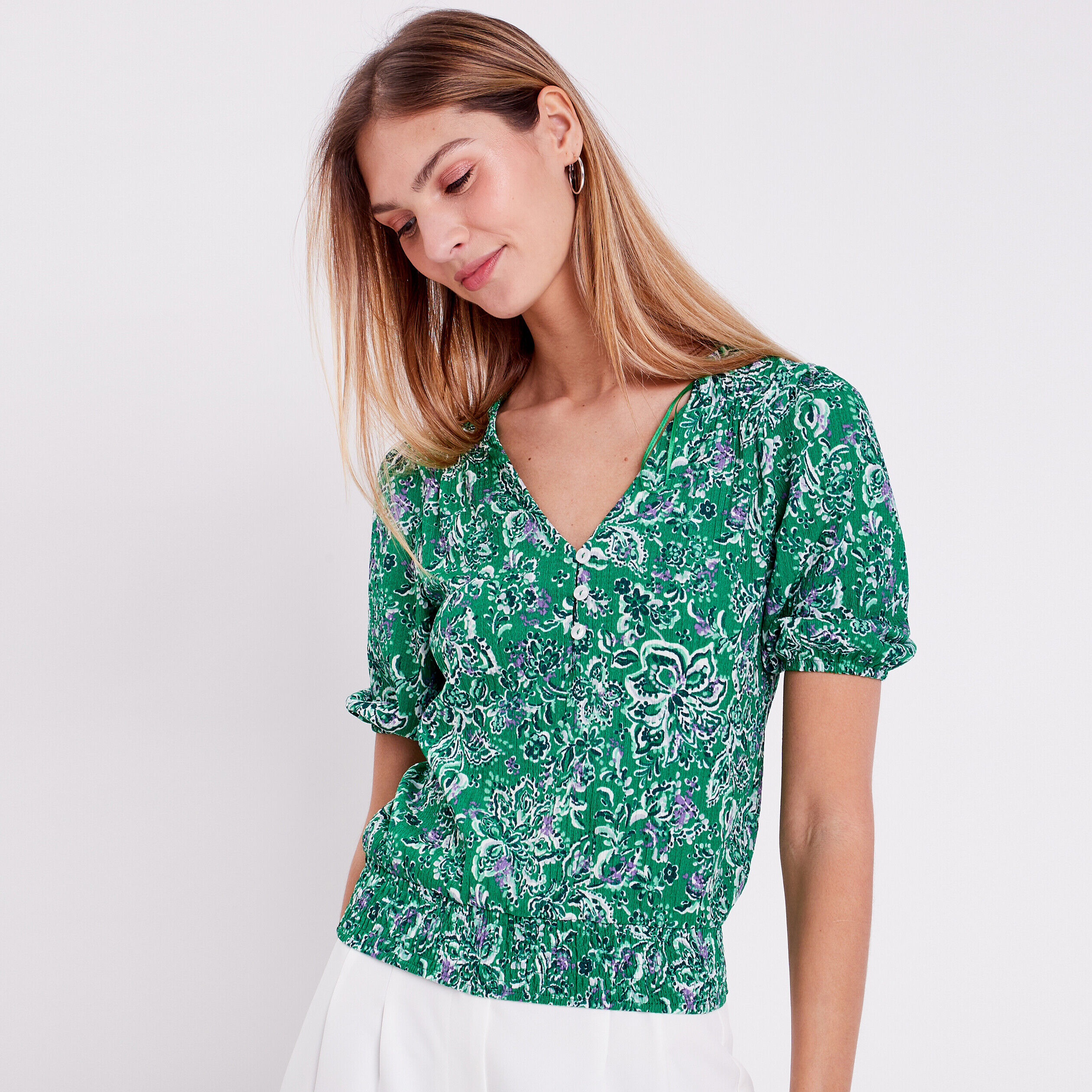 Blouse avec boutons au col vert femme | Cache Cache