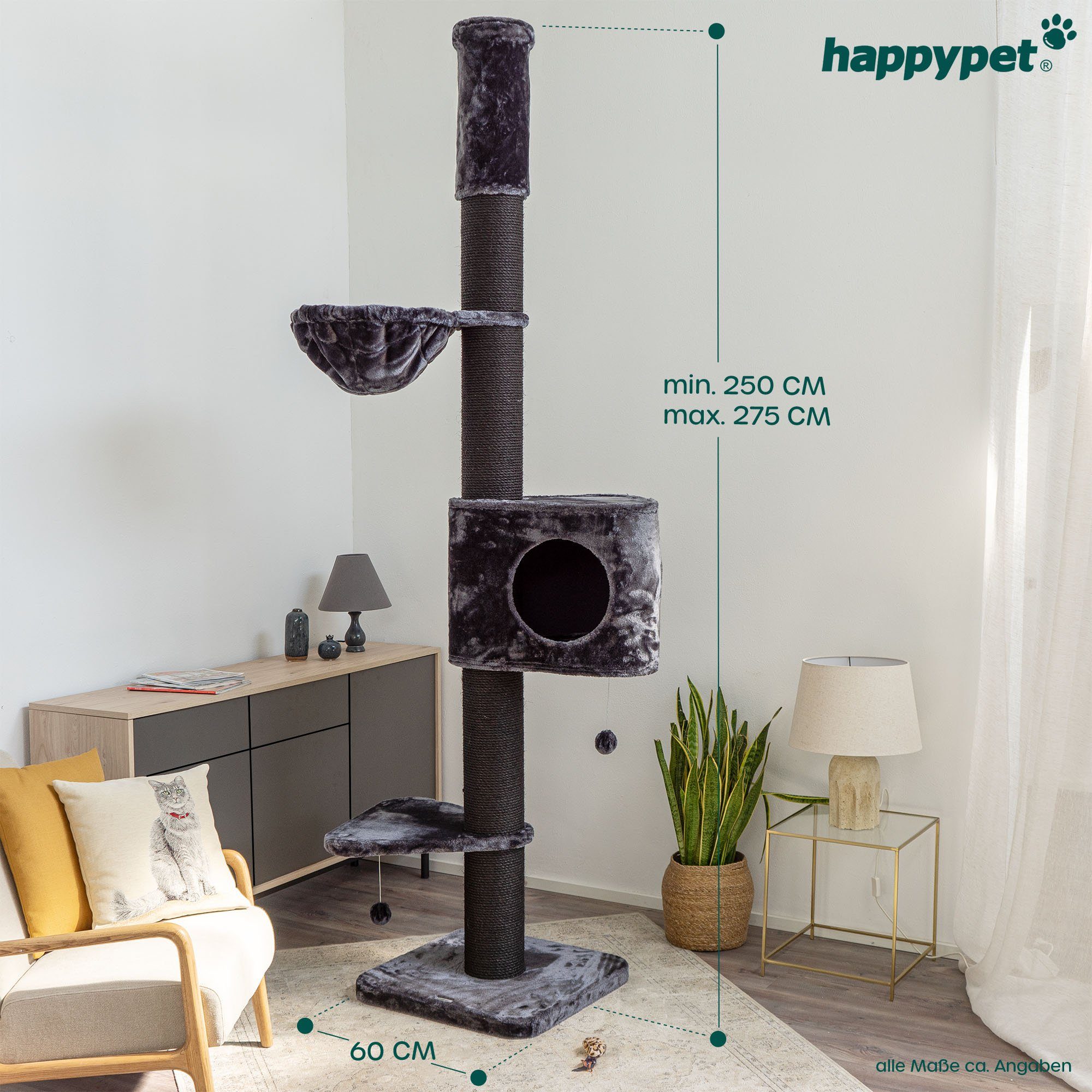 Happypet Kratzbaum MC2760, Gesamthöhe: ca. 250-275 cm, Haus: ca. 54 x 54 x 44 cm.