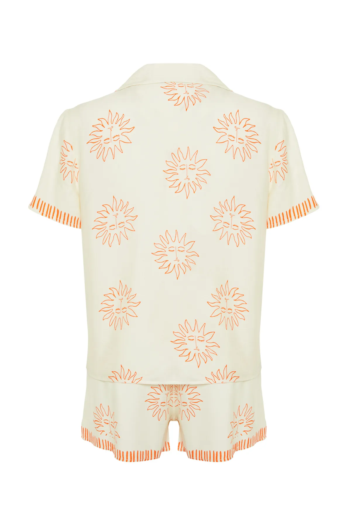Trendyol Collection  Pyjama-Set aus gewebter Viskose mit Ecru-Orange-Galaxy-Muster THMSS24PT00009