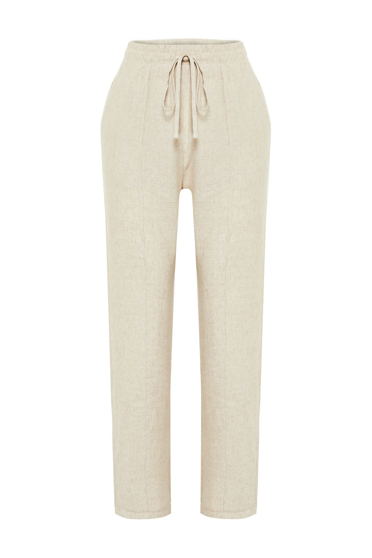 Trendyol Collection  Beige Hose aus Baumwollleinen mit geradem Schnitt und elastischem Bund TWOSS24PL00063