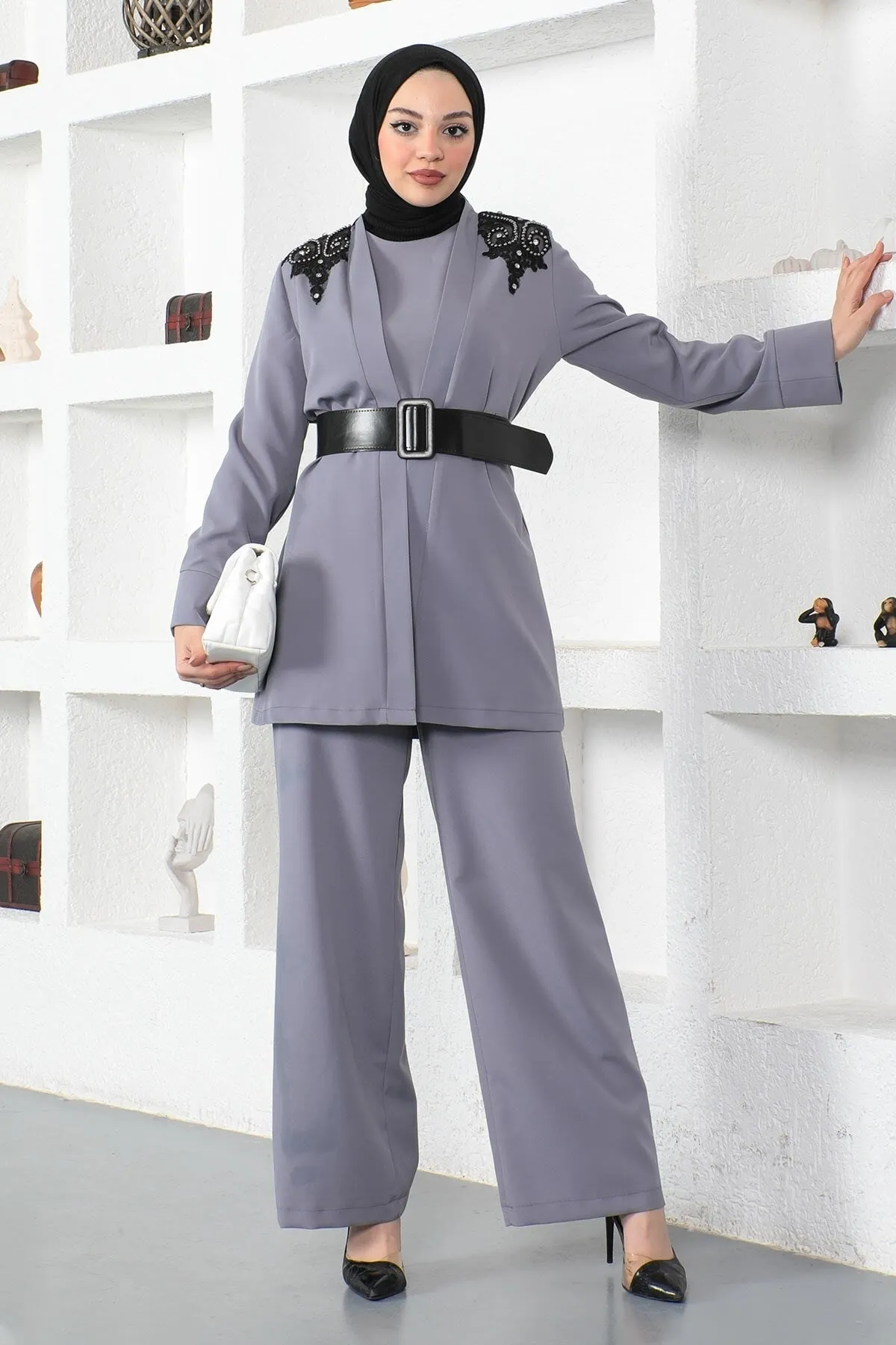 Modamihram  Overall-Set mit Spitzendetails, Grau 19003