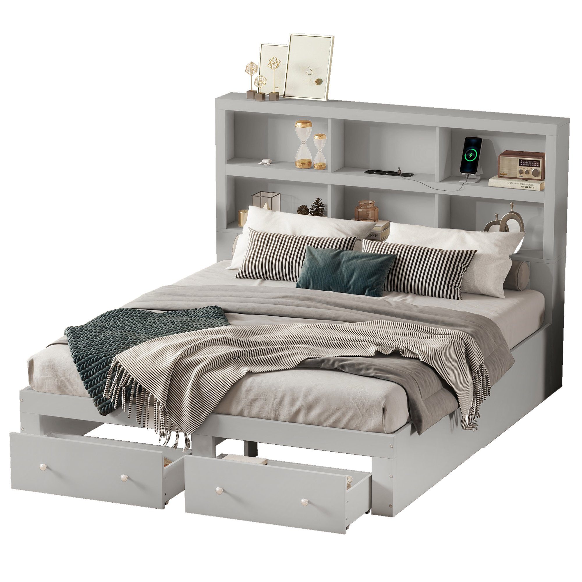 Merax Holzbett 160x200cm mit 6 Fächern und 2 Schubladen, Doppelbett Kingsize mit USB-Anschluss, aus Massivholz