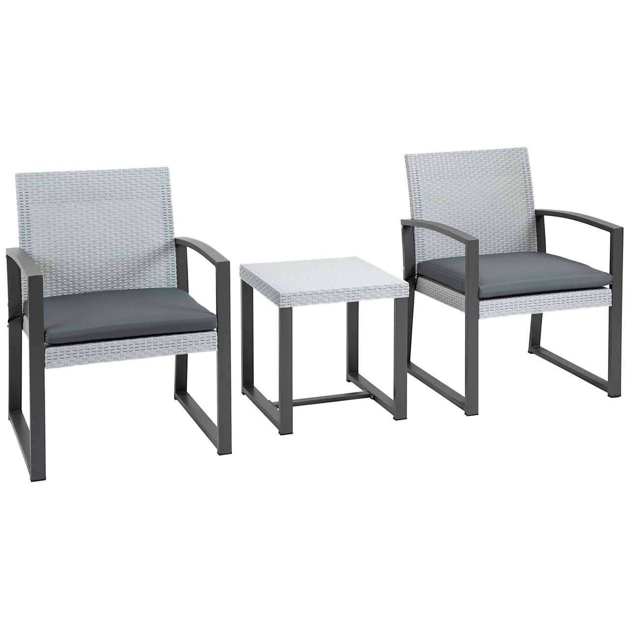 Outsunny Polyrattan Bistroset 3-tlg. Sitzgruppe Balkonmöbel Set Gartensitzgruppe mit Beistelltisch Gartenset Sitzgarnitur mit Sitzkissen Stahl Schwarz Grau