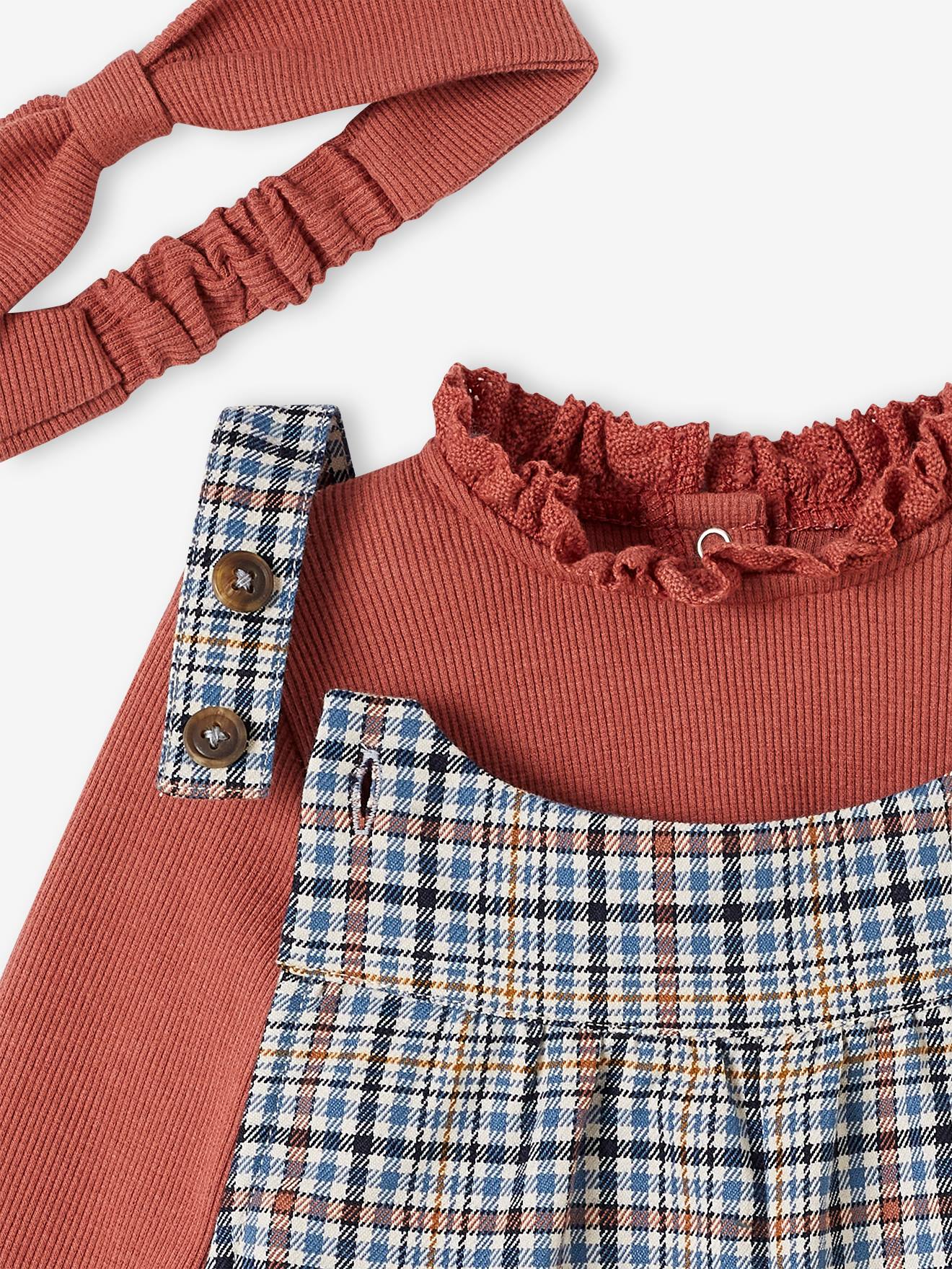 Vertbaudet Mädchen Baby-Set: Latz-Shorts, Shirt & Haarband - altrosa