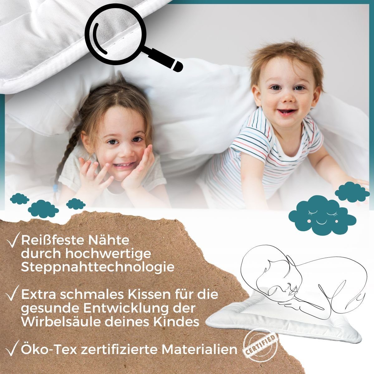 Kunstfaserbettdecke + Kopfkissen, HYGGI Bettdecken-Set 100x135 mit Kissen 40x60 für Babys und Kinder, Alcube, Bezug: Microfaser (100% Polyester), Premium Bettwäsche-Set Mikrofaser Decke und Kopfkissen