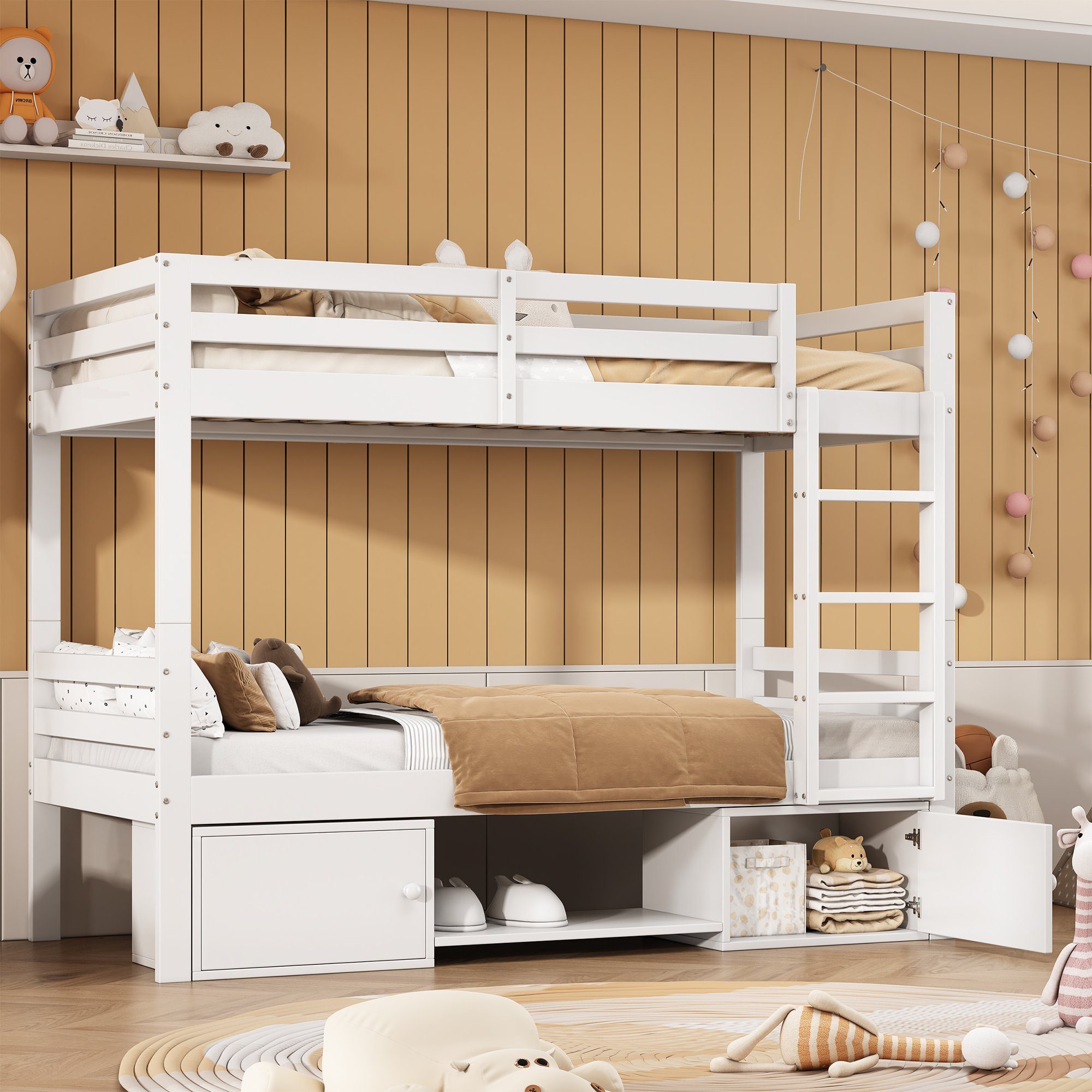 OKWISH Etagenbett Holzbett Tagesbett (Kinderbett mit Schuhregale und Schließfächer, Bett aufgeteilt in 2 Einzelbetten, Jugendbett, Einzelbett 90x200cm), ohne Matratze
