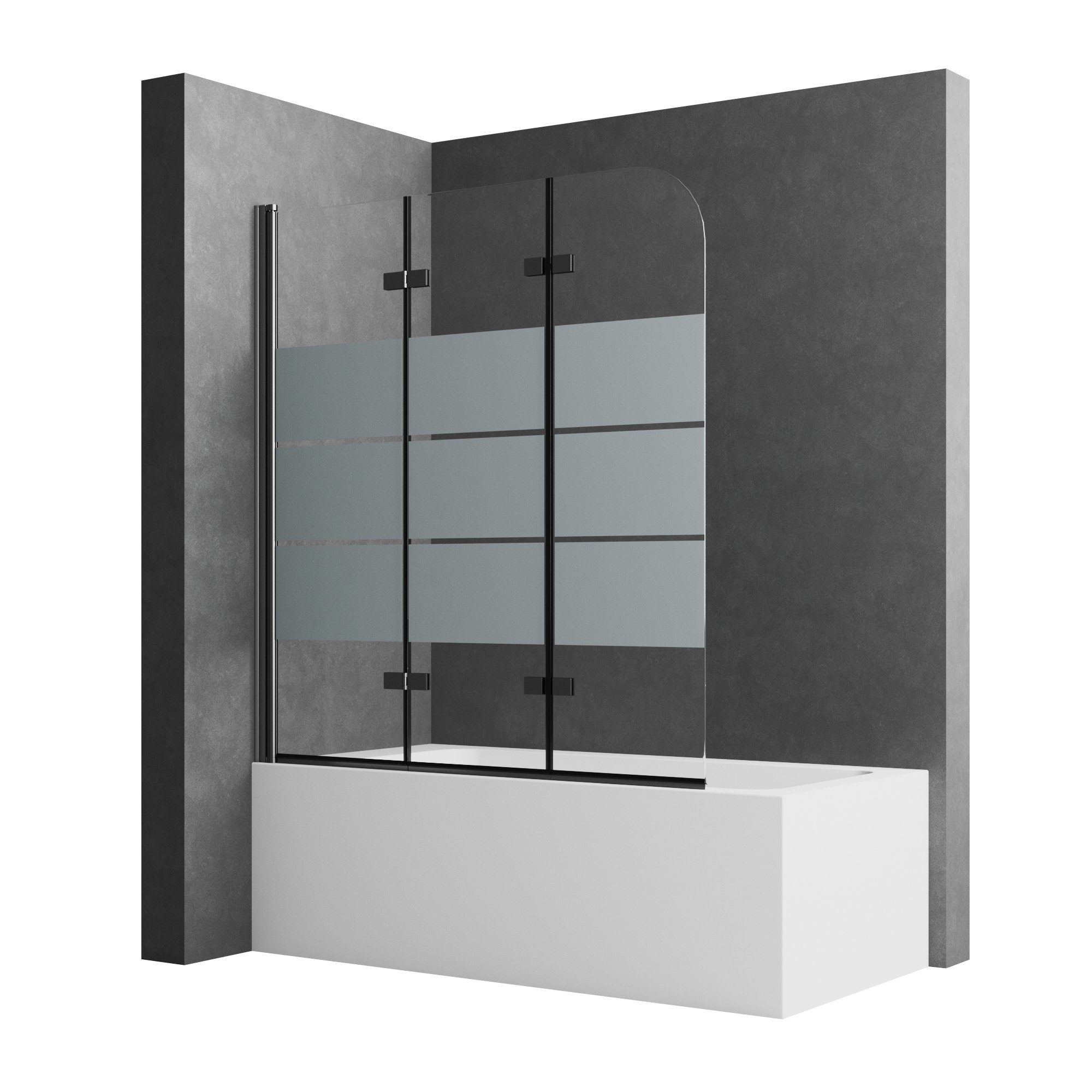 Boromal Badewannenaufsatz 3 teilig Faltwand Duschwand für Badewanne faltbar Badewannenfaltwand, Schwarz Chrom Milchglas Aluprofile, (Badewannenaufsatz Schwarz Chrom Milchglas, 120x140cm,130x140cm,140x140cm), Sicherheitsglas, Hebe- / Senkfunktion, Rec