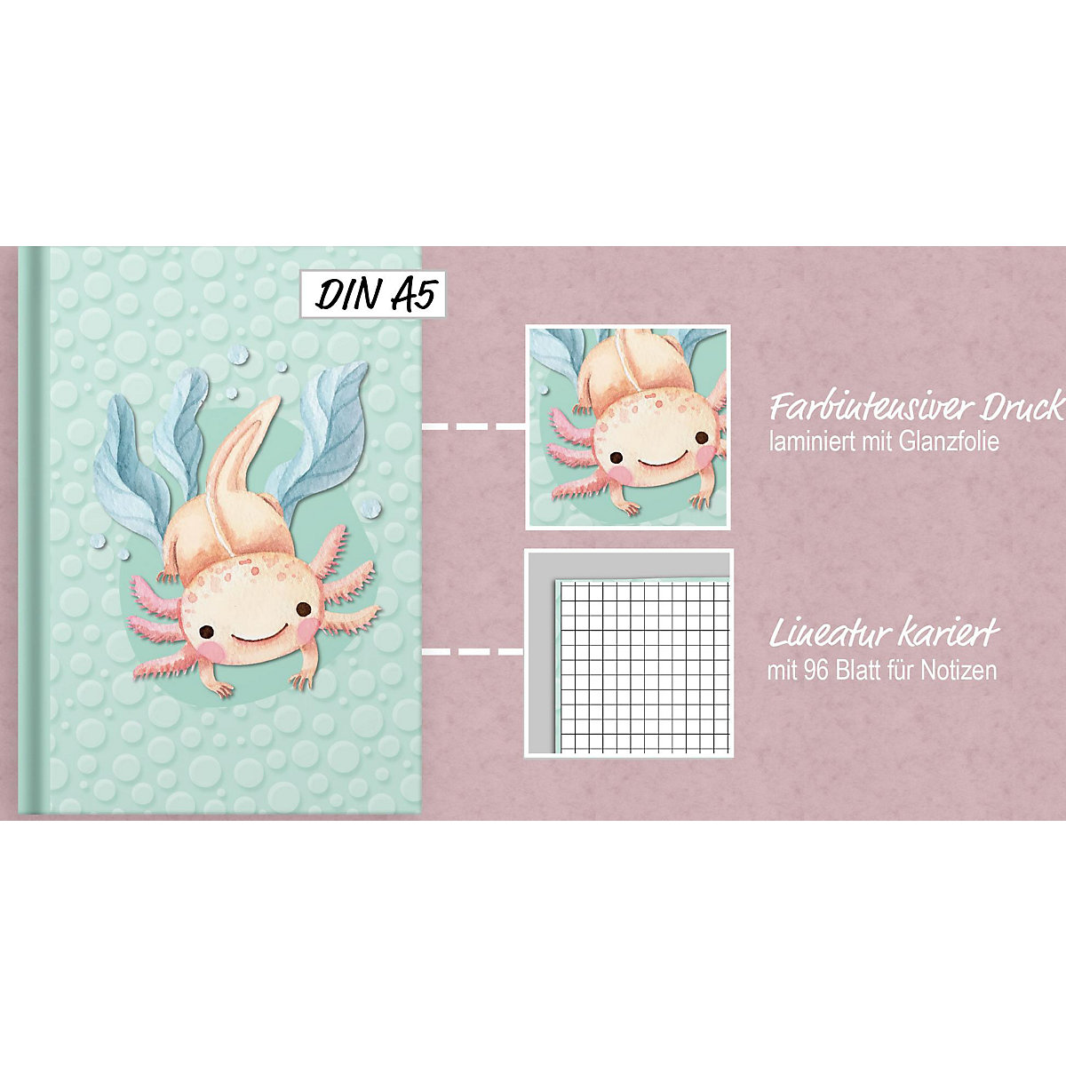 Notizbuch Axoloti, kariert, DIN A5, 96 Blatt