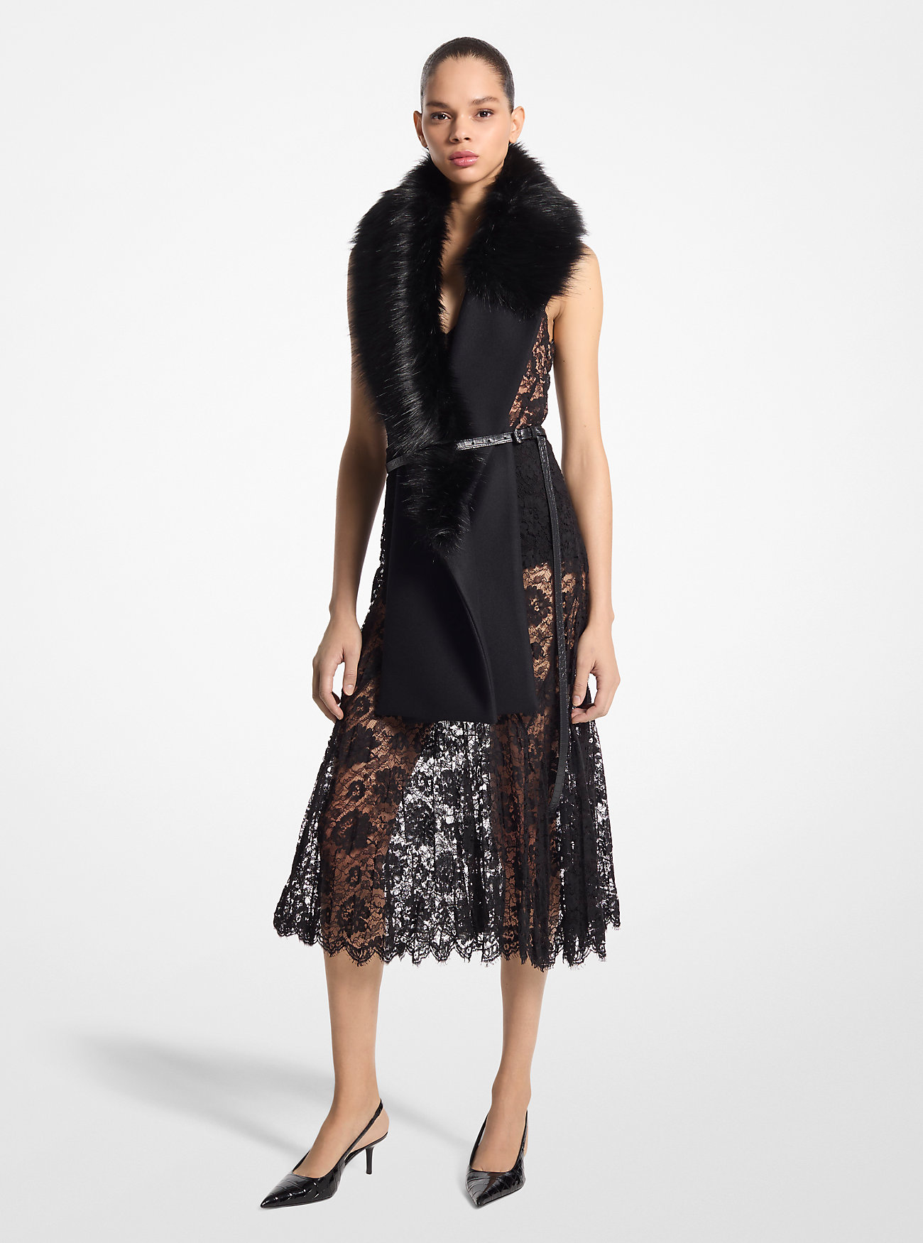 Wool Melton Faux Fur Stole - BLACK