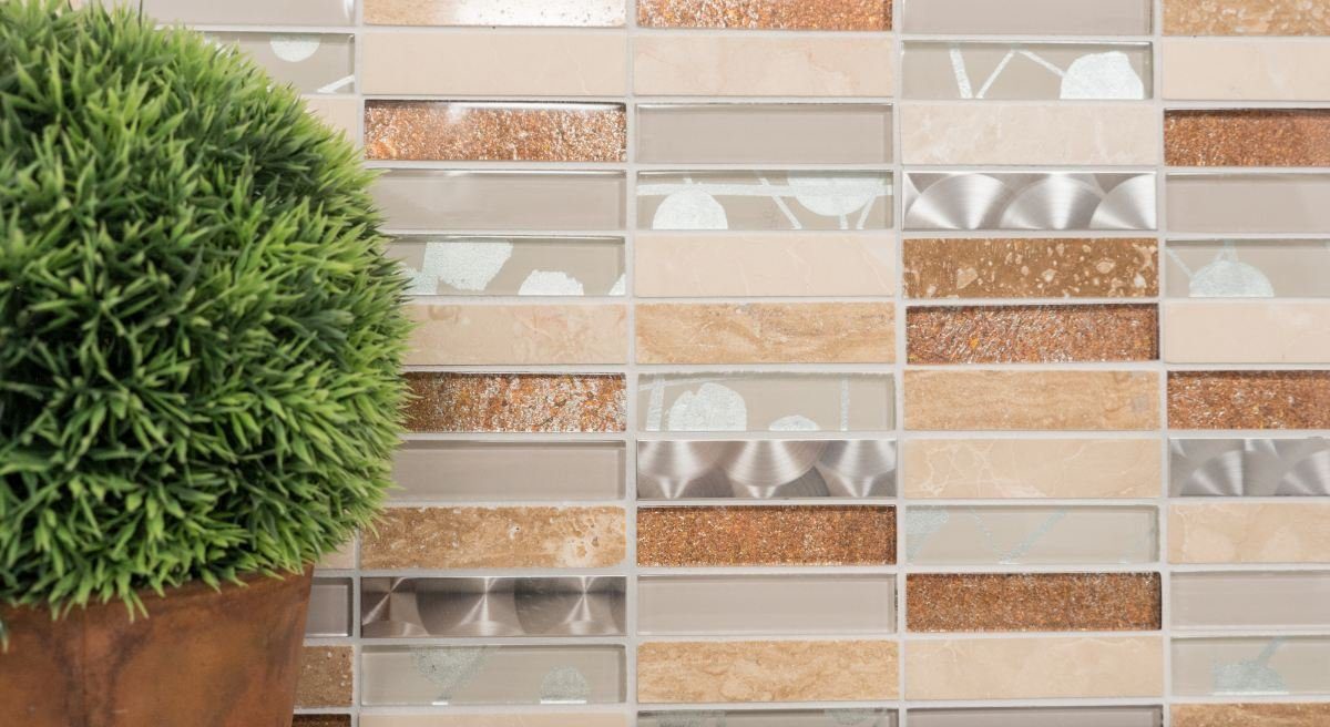 Mosani Mosaikfliesen Glasmosaik Naturstein Edelstahl Mosaik beige glänzend / 10 Matten
