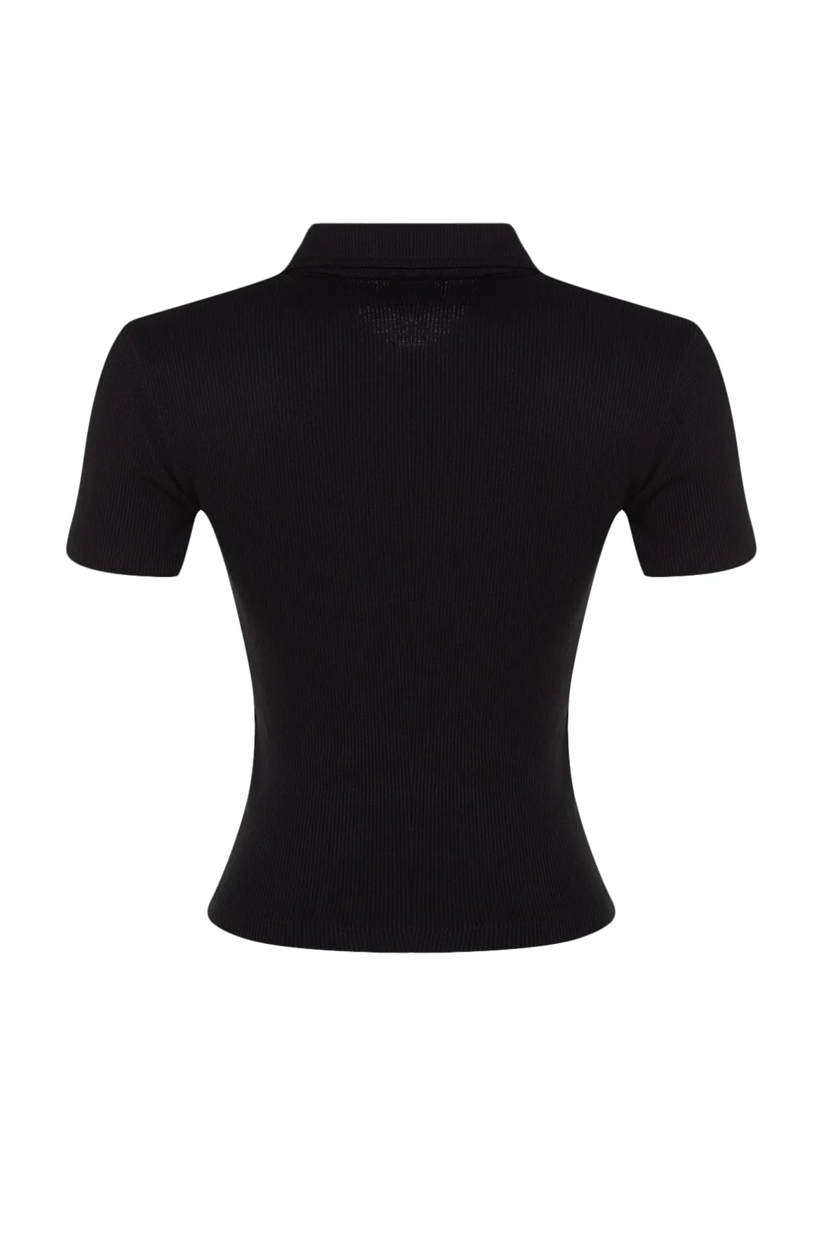 Trendyol Collection  Schwarze, eng anliegende, gerippte, dehnbare Strickbluse mit Reißverschluss und Polokragen TWOSS23BZ00496