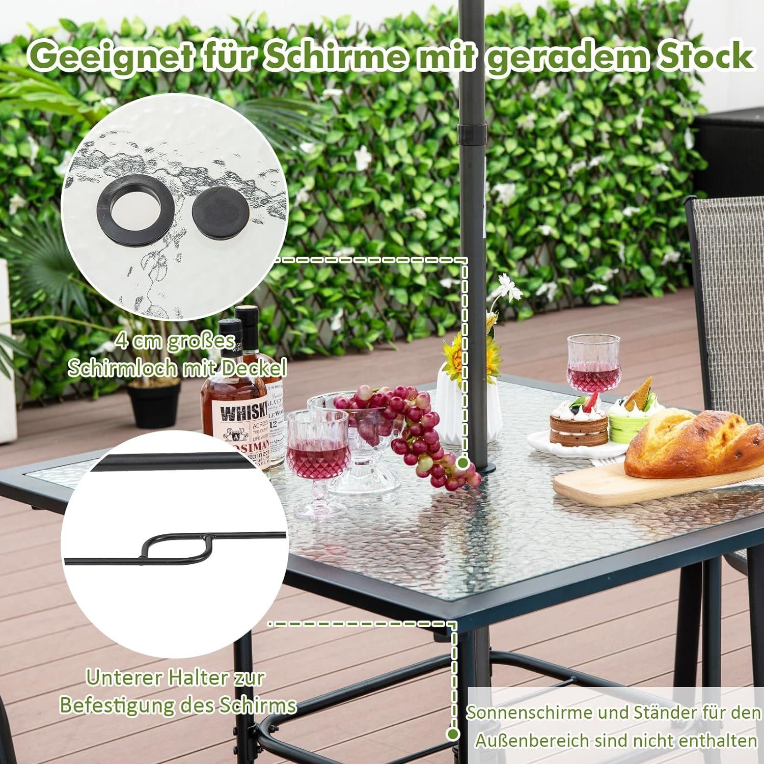 KOMFOTTEU Gartentisch Bistrotisch, mit Glasplatte & 38mm Schirmloch, 89×89 cm