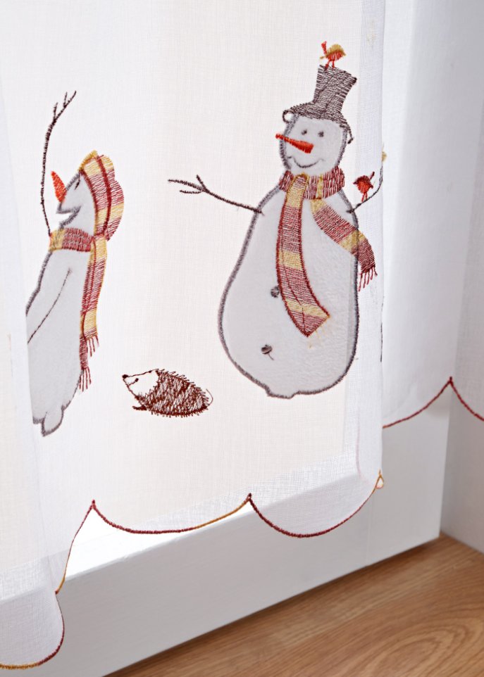 Scheibengardine mit bestickten Schneemännern