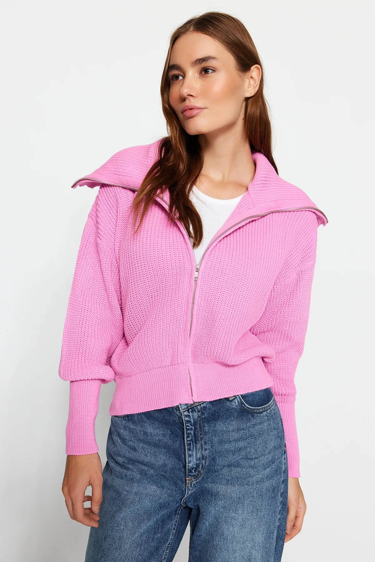 Trendyol Collection  Degaje Kragen Rosa Strick-Cardigan - Reißverschluss TWOAW24HI00072