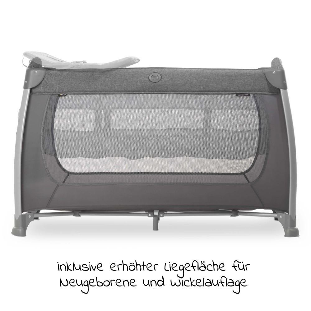 Hauck Baby-Reisebett Play'n Relax Center - Melange Charcoal, 7-tlg., Kinderreisebett mit Matratze, Insektenschutz, Wickelauflage - faltbar