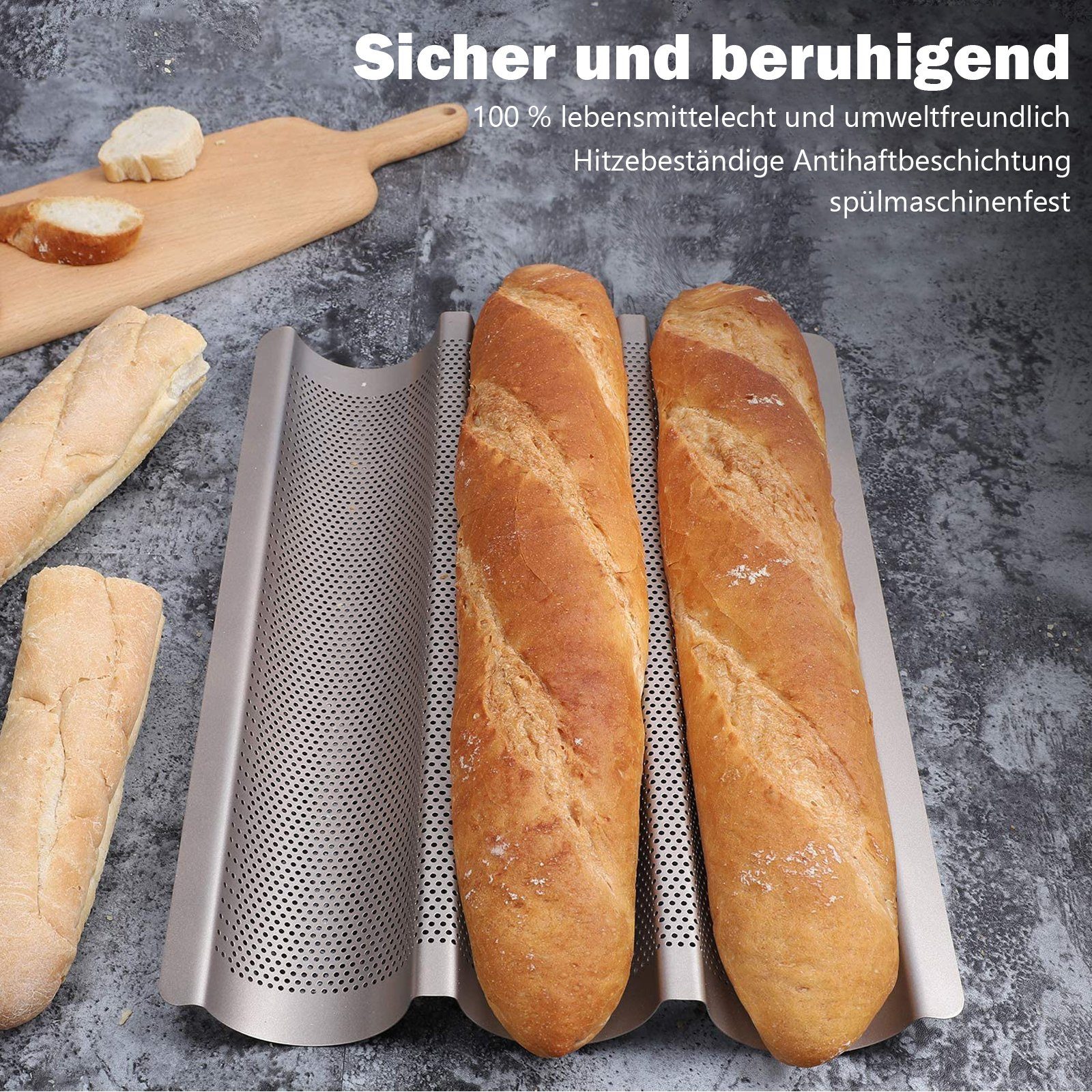 CALIYO Backblech 3 Mulden Baguette-Backblech, Baguetteblech für 3 Baguettes, Mit Gleichmäßige Erhitzung, Für Familie, Restaurant, Bäckerei usw
