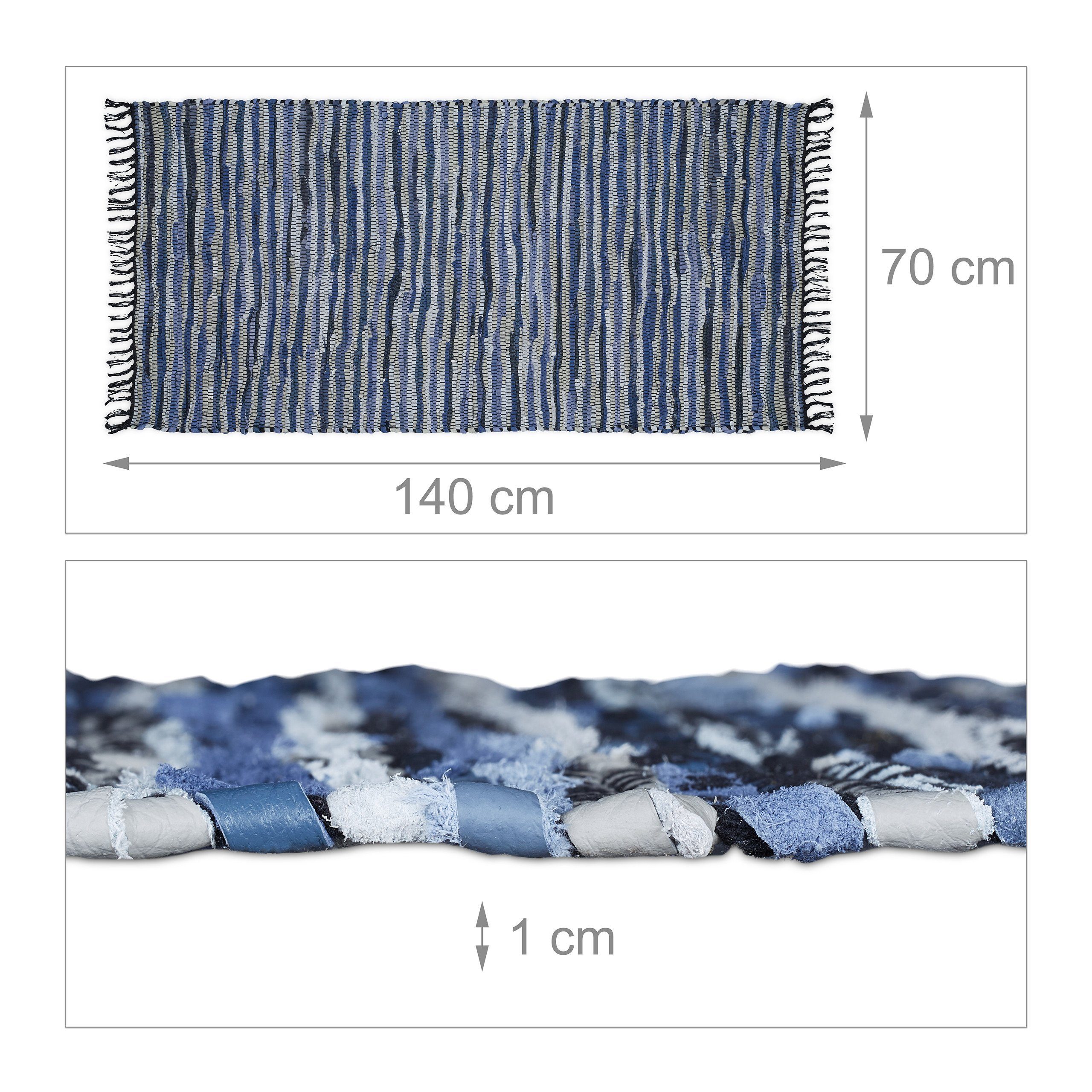 Läufer Flickenteppich Leder & Baumwolle, relaxdays, Höhe: 10 mm, Blau, 70x140cm