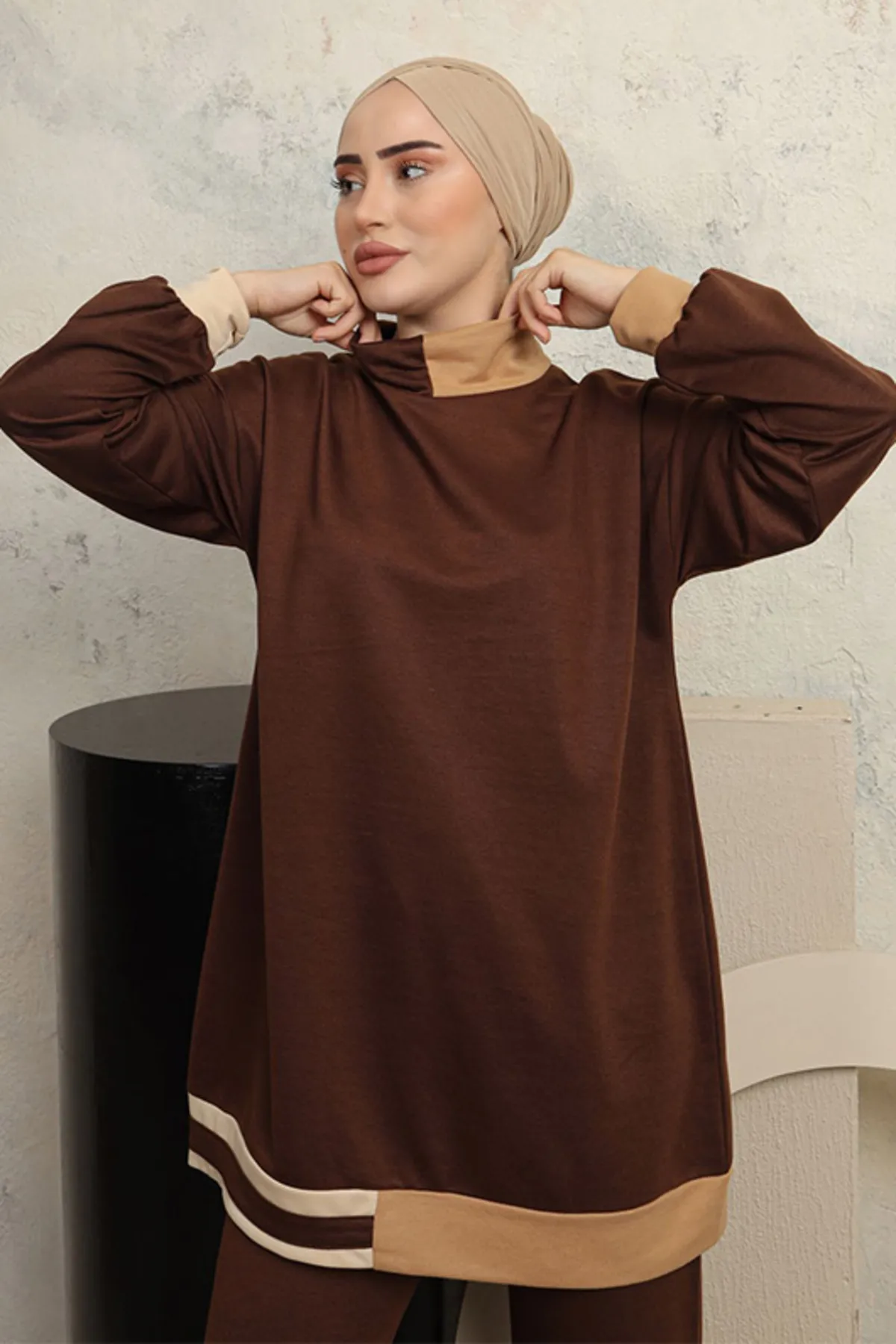 benguen  3402 Zweifädiger Hijab-Anzug, Braun