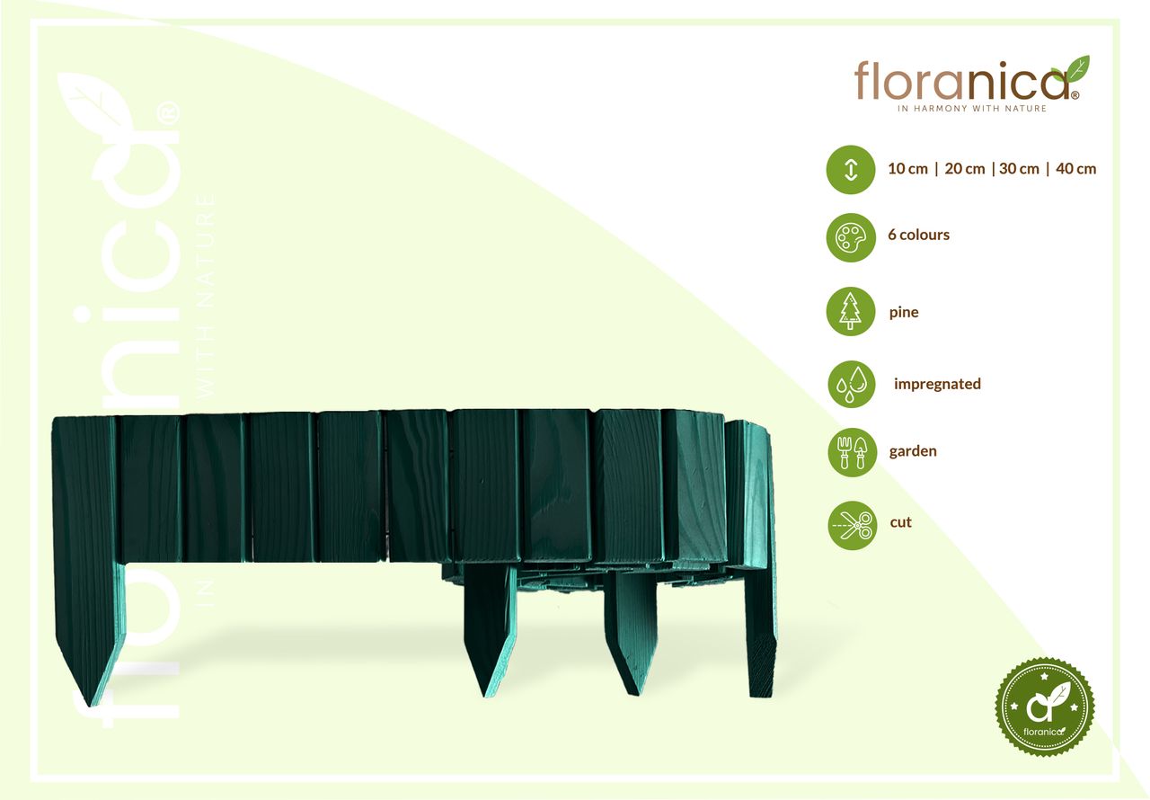 Pemicont Floranica Rollborder II Flexibler Holzzaun 203cm Höhe: 10cm Grün Imprägniert Kiefernholz Beeteinfassung Rasenkante Beetumrandungen