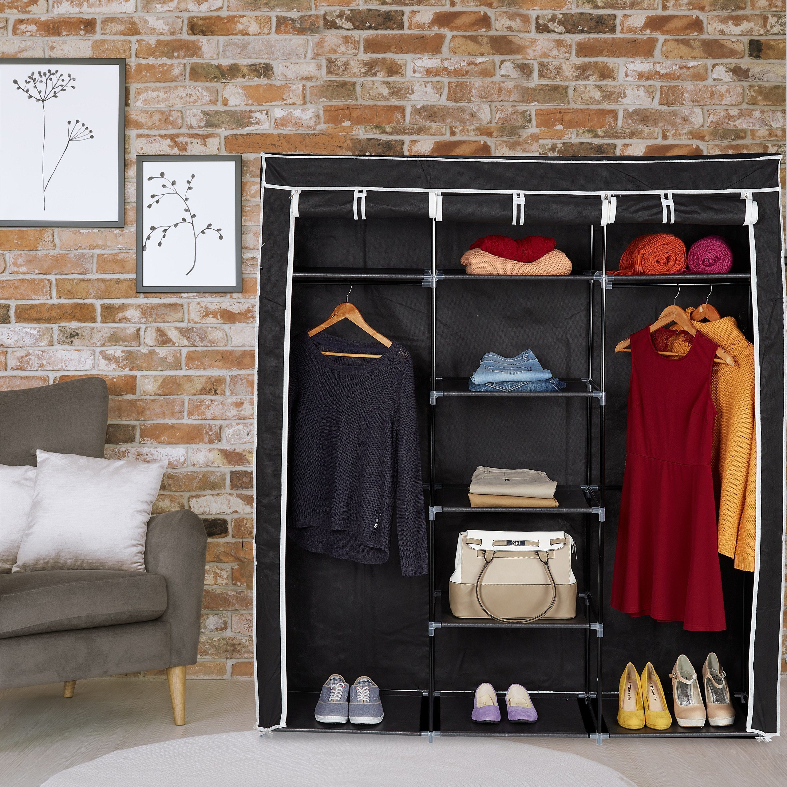 relaxdays Stoffschrank Stoffkleiderschrank XXL mit 9 Böden Beige