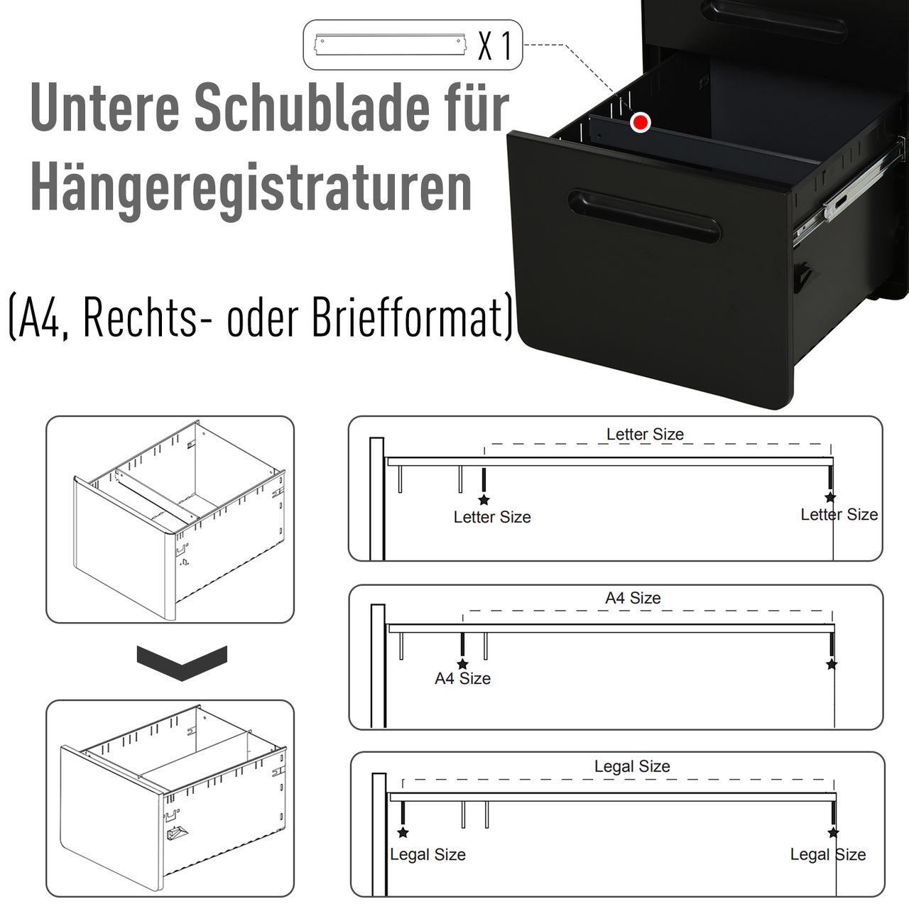 Vinsetto Rollcontainer Aktenschrank Bürocontainer mit 3 Schubladen Büroschrank Aufbewahrung Container Stahl Schwarz 39 x 48 x 59 cm