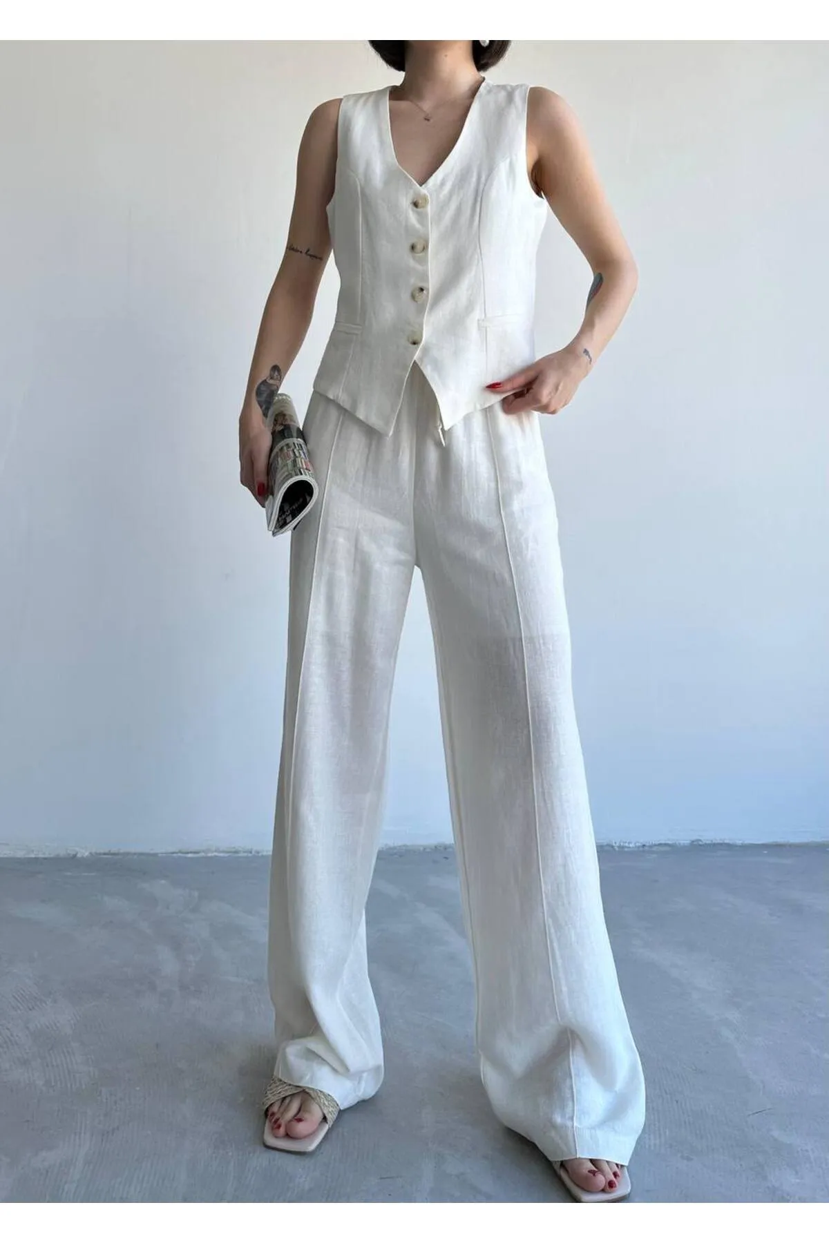 Laluvia  Ecru Lavin Weste-Hosen-Set aus 100 % Baumwollleinen