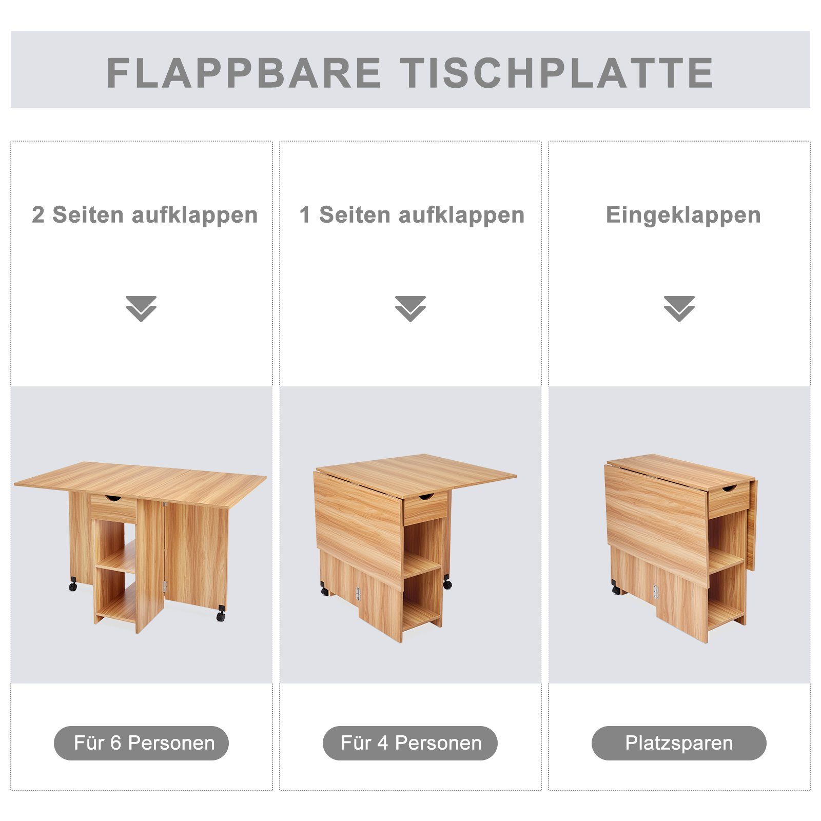 Mondeer Esstisch Klappbarer Esstisch, mit einer Schublade und zwei Lagerregalkonsolen