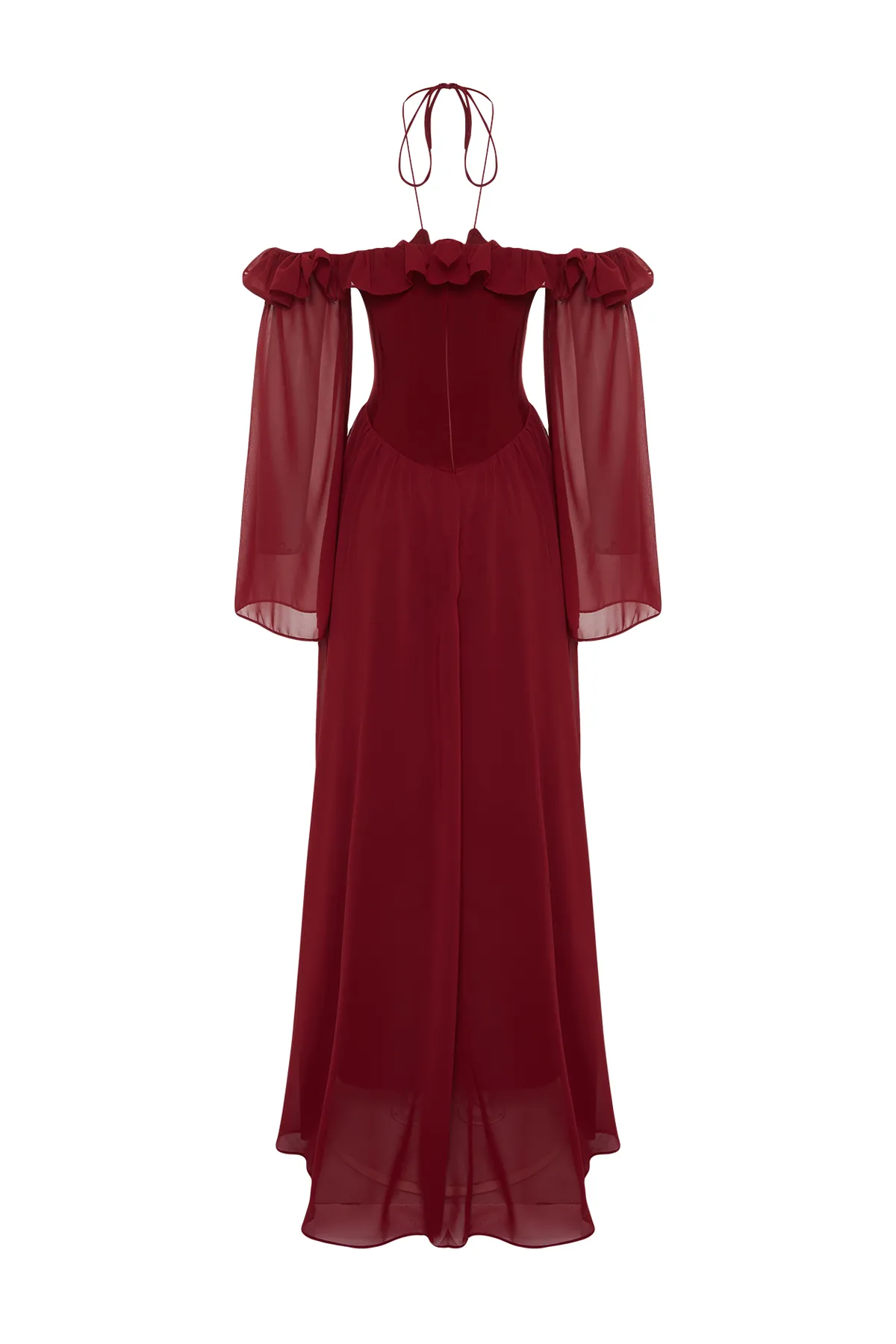 Trendyol Collection  Langes Abendkleid aus Burgunderrot mit Taillenöffnung/Skater-Chiffon TPRSS24AE0016