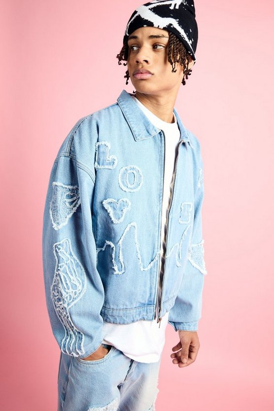 Kastige hellblaue Denim-Bomberjacke mit Herz-Applikation
