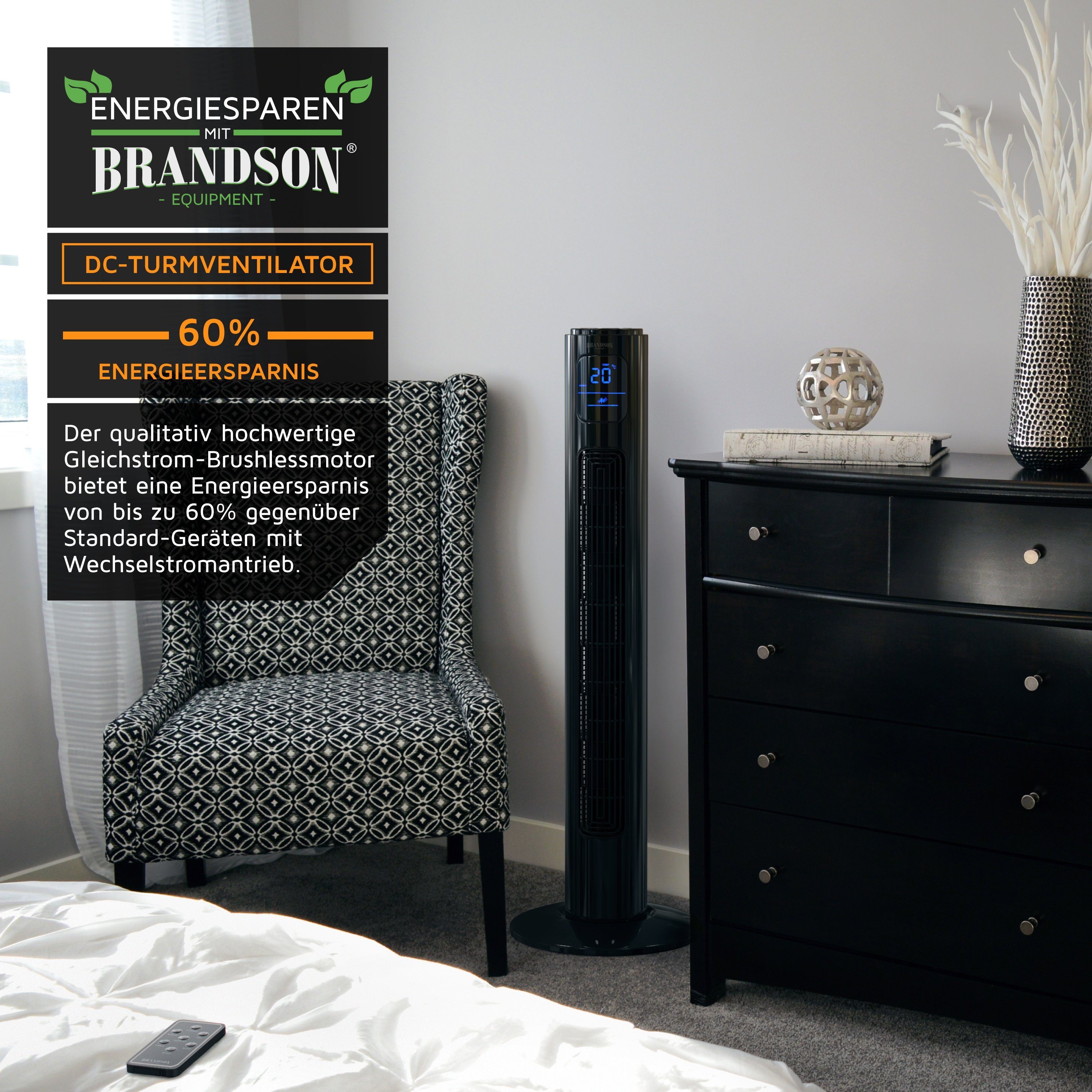 Brandson Turmventilator, 12 Geschwindigkeiten, DC, ECO, Timer, Oszillation, Fernbedienung