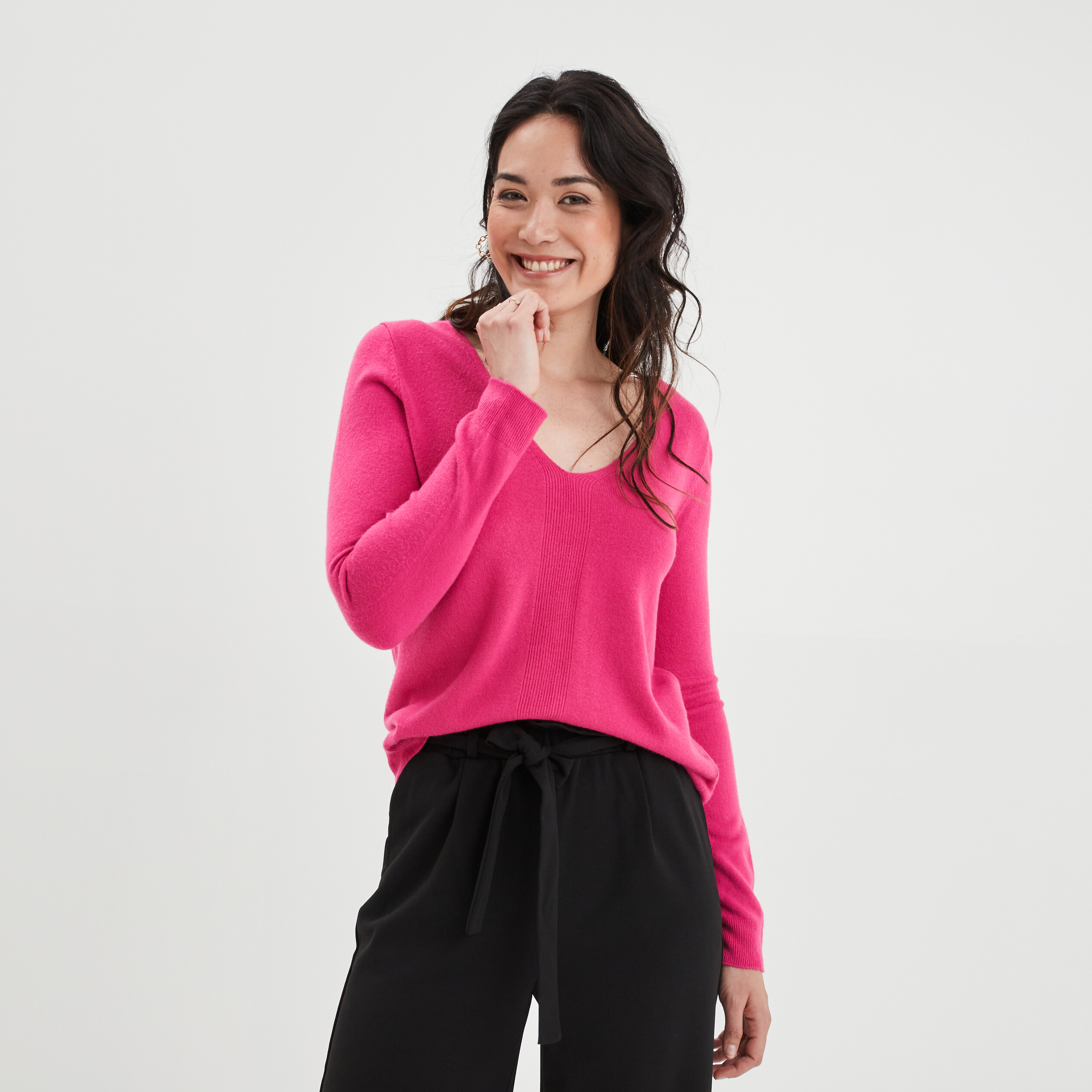 Pull col V manches longues rose fushia femme | La Halle