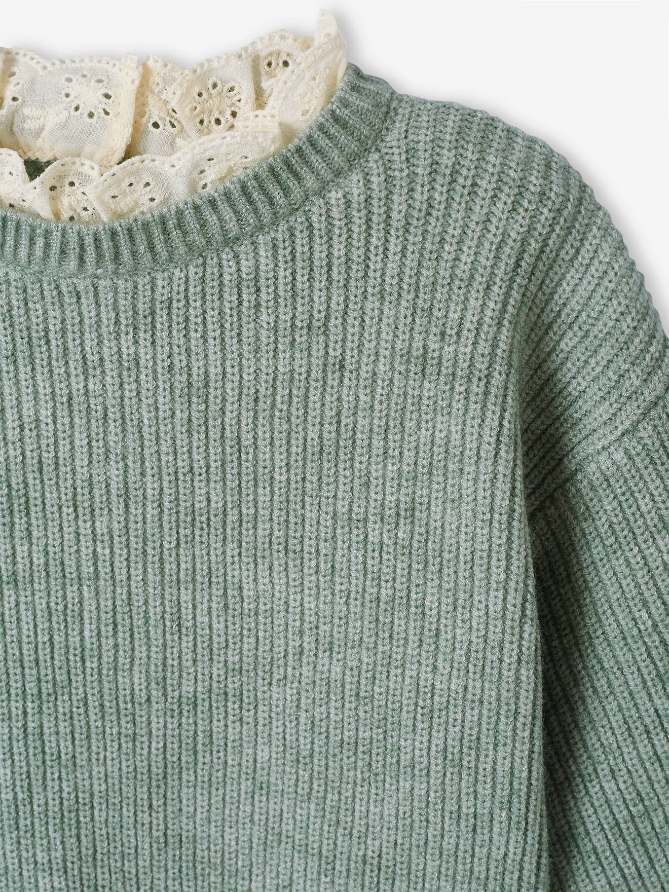 Pull en côte perlée bébé col en broderie anglaise rayé marine
