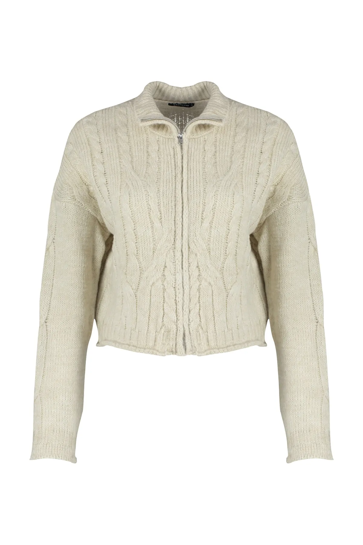 Trendyol Collection  Steinweiche strukturierte Strickjacke mit geflochtenem Reißverschluss aus Haar TWOAW24HI00202