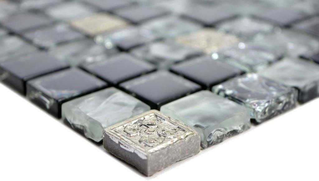 Mosani Mosaikfliesen Glasmosaik Resin Mosaikfliesen grau schwarz matt / 10 Matten